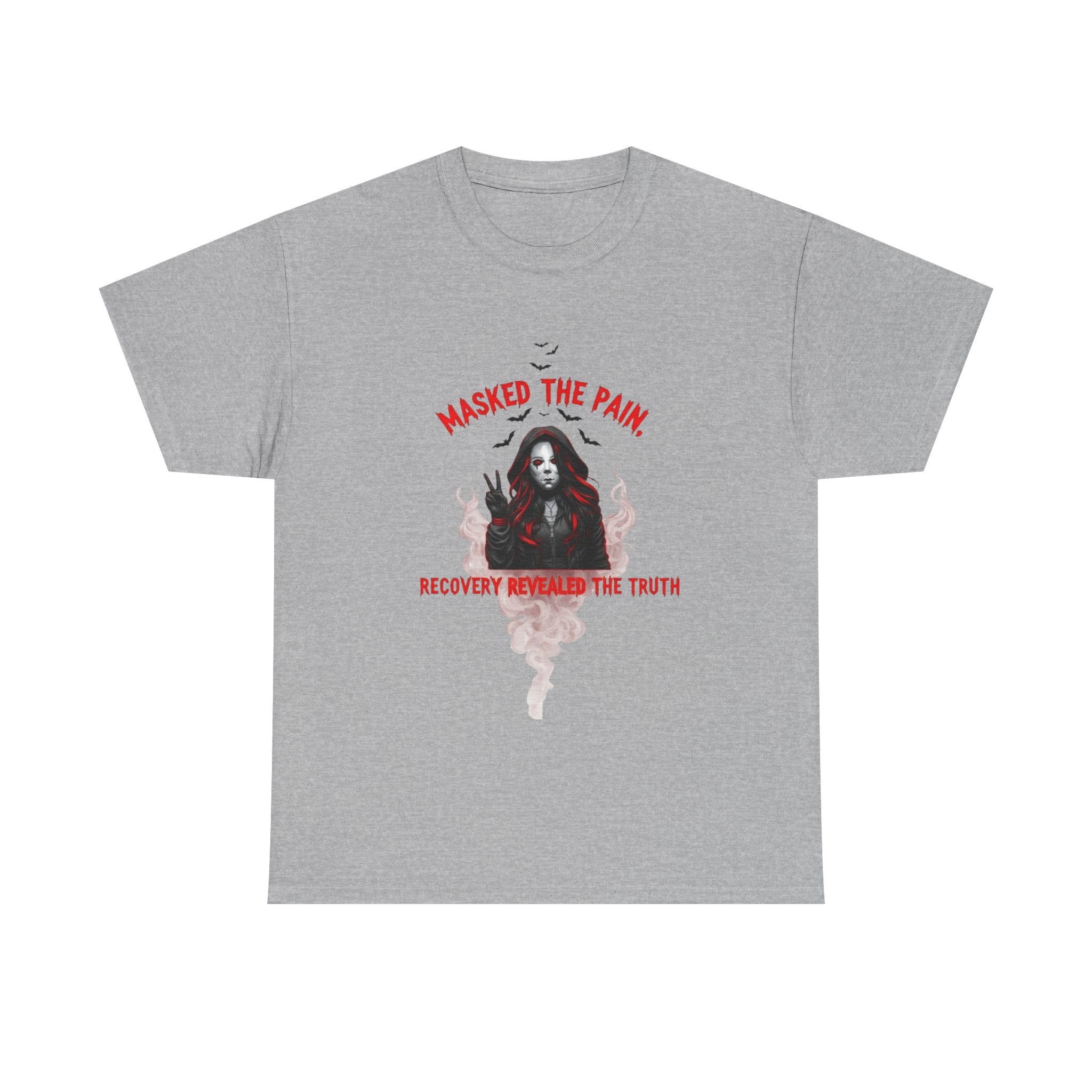 Gothic Graphic Tee - Masked The Pain, Recovery, Truth, Unisex Heavy Cotton Shirt, Alternative Fashion, Self-Care Apparel, Edgy Gift