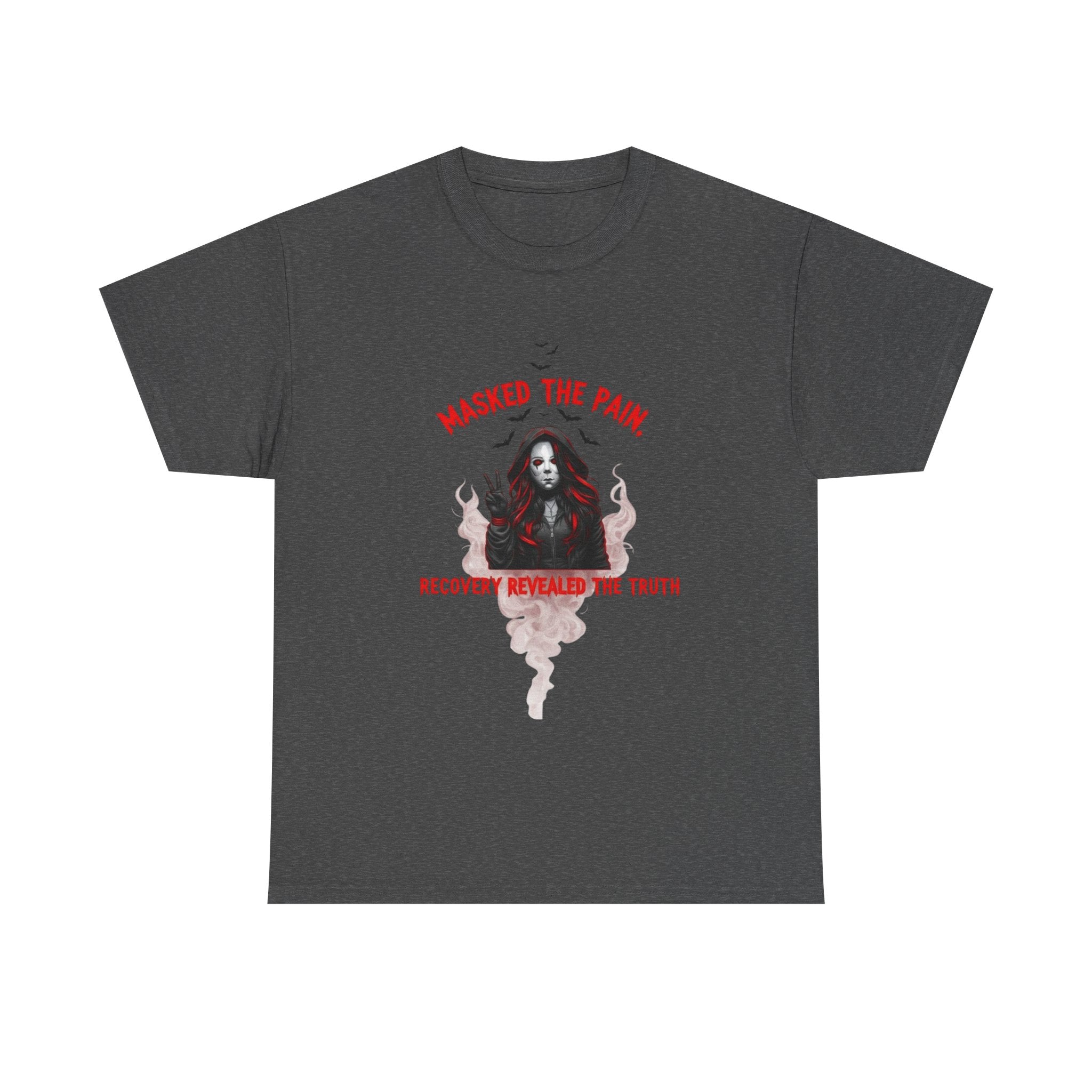 Gothic Graphic Tee - Masked The Pain, Recovery, Truth, Unisex Heavy Cotton Shirt, Alternative Fashion, Self-Care Apparel, Edgy Gift