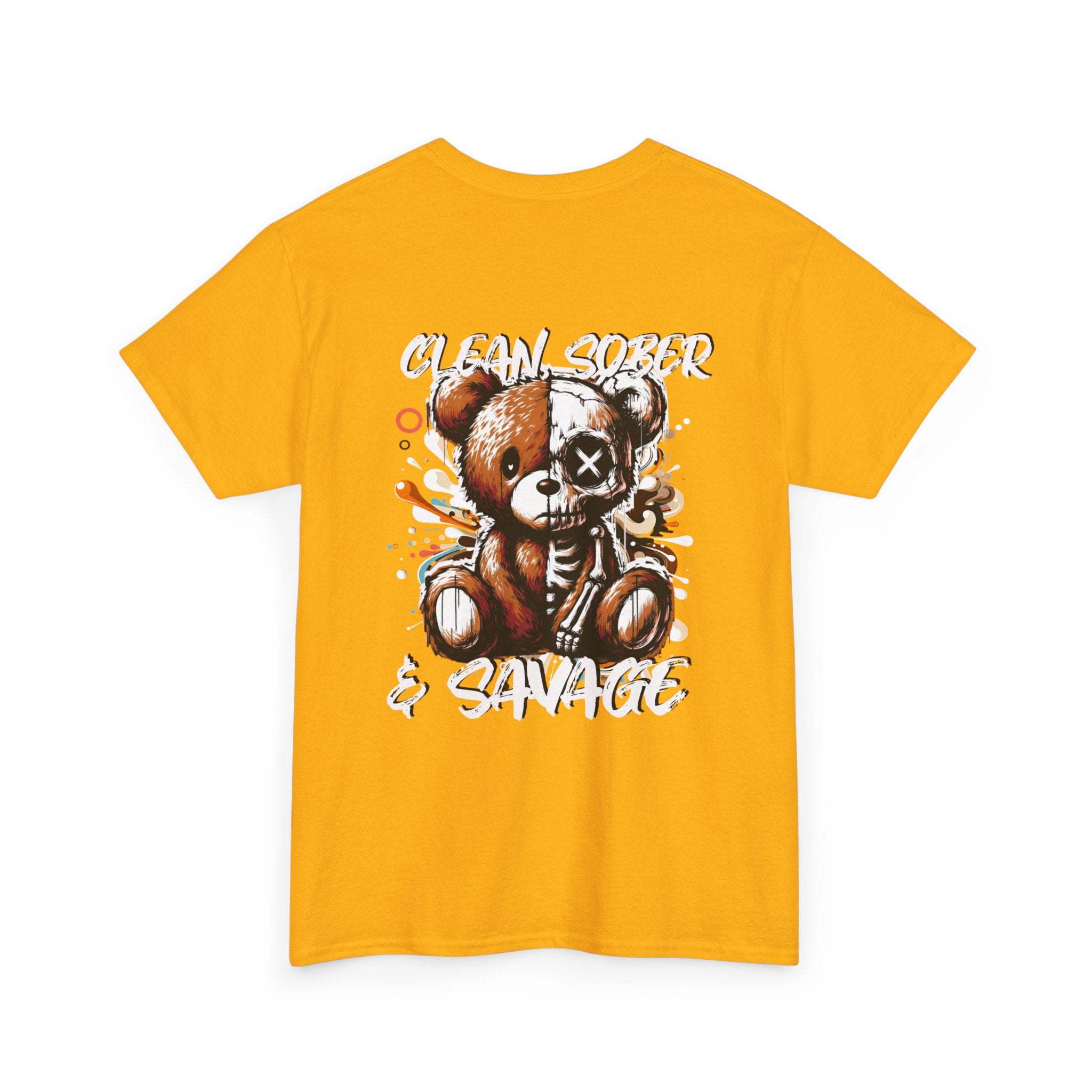 (DESIGN PRINT ON BACK)  Unisex Heavy Cotton Tee with Clean, Sober & Savage Graphic, Retro Bear Design Tee, Casual Streetwear Shirt, Gift for Him/Her, Summer Outfits