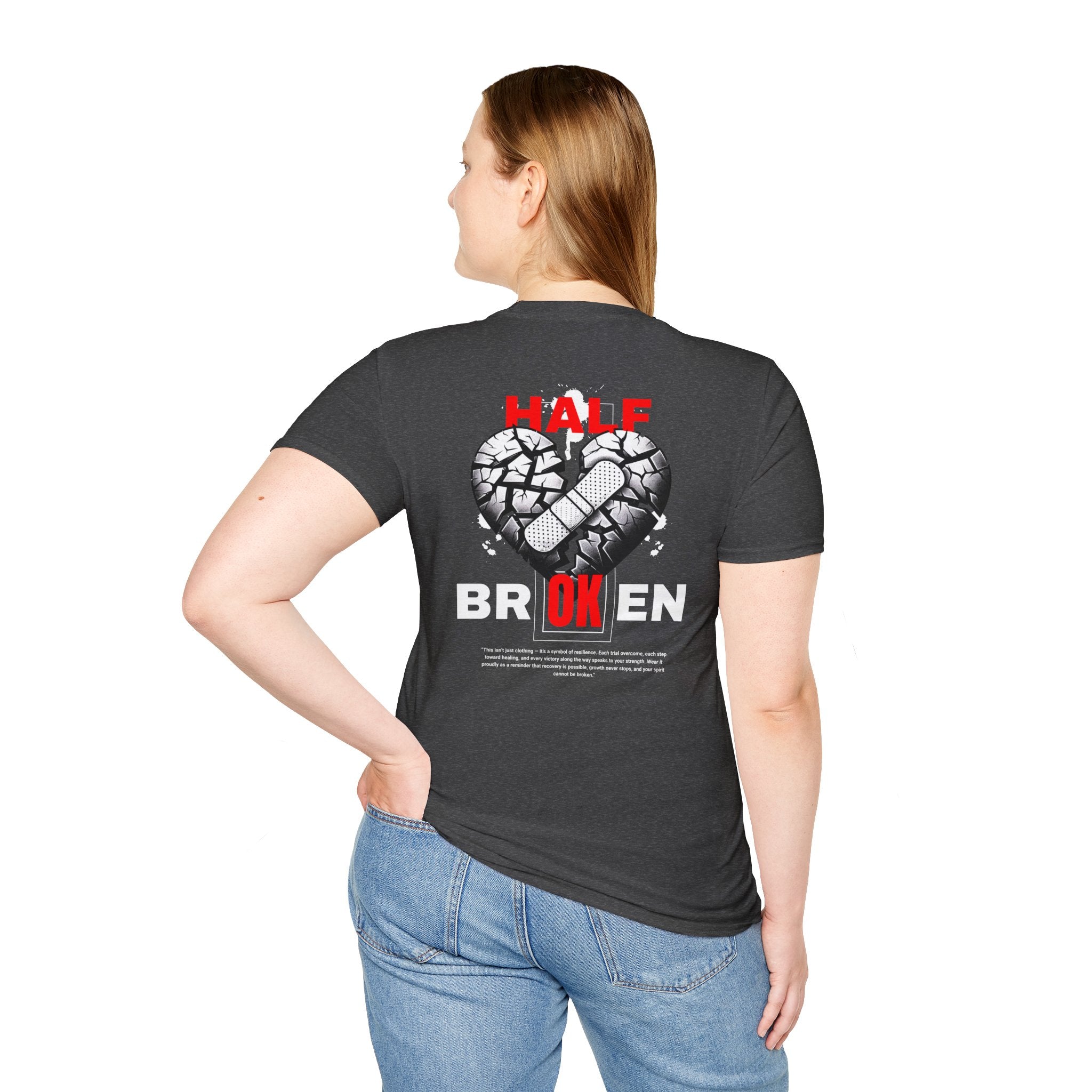 (DESIGN PRINT ON BACK)  Half Broken Heart T-Shirt, Unisex Softstyle Tee, Casual Wear, Gift for Friends, Popular Teen Apparel, Heartbreak Merch