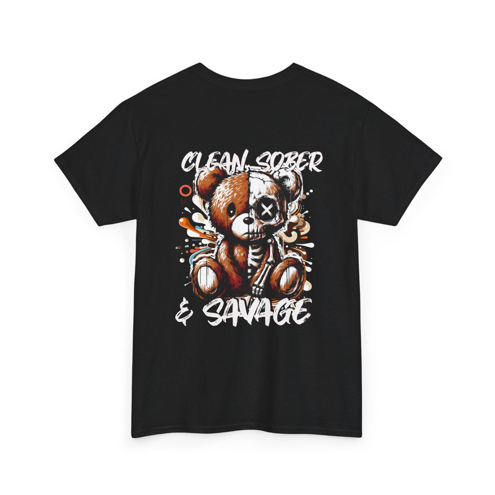 (DESIGN PRINT ON BACK)  Unisex Heavy Cotton Tee with Clean, Sober & Savage Graphic, Retro Bear Design Tee, Casual Streetwear Shirt, Gift for Him/Her, Summer Outfits