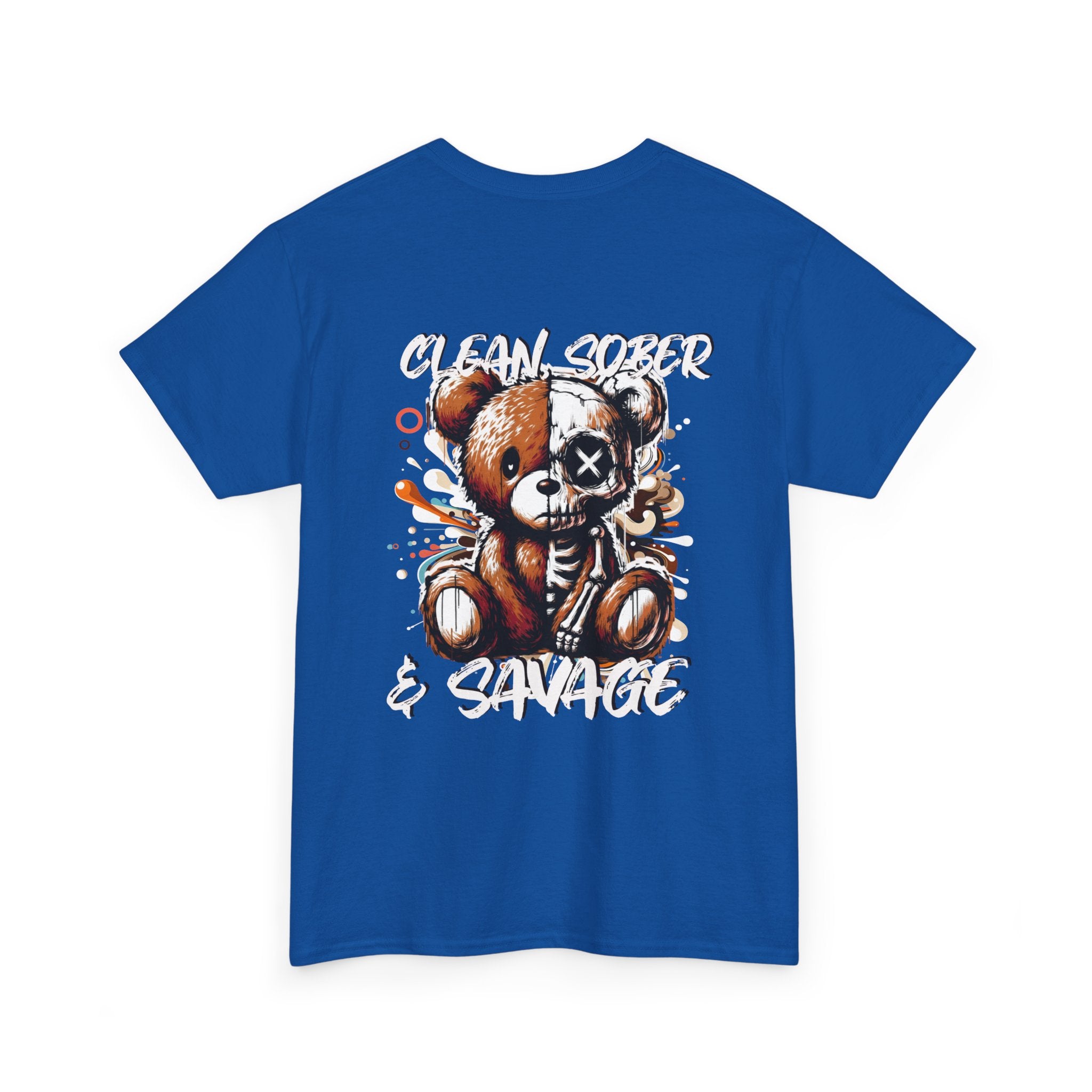 (DESIGN PRINT ON BACK)  Unisex Heavy Cotton Tee with Clean, Sober & Savage Graphic, Retro Bear Design Tee, Casual Streetwear Shirt, Gift for Him/Her, Summer Outfits