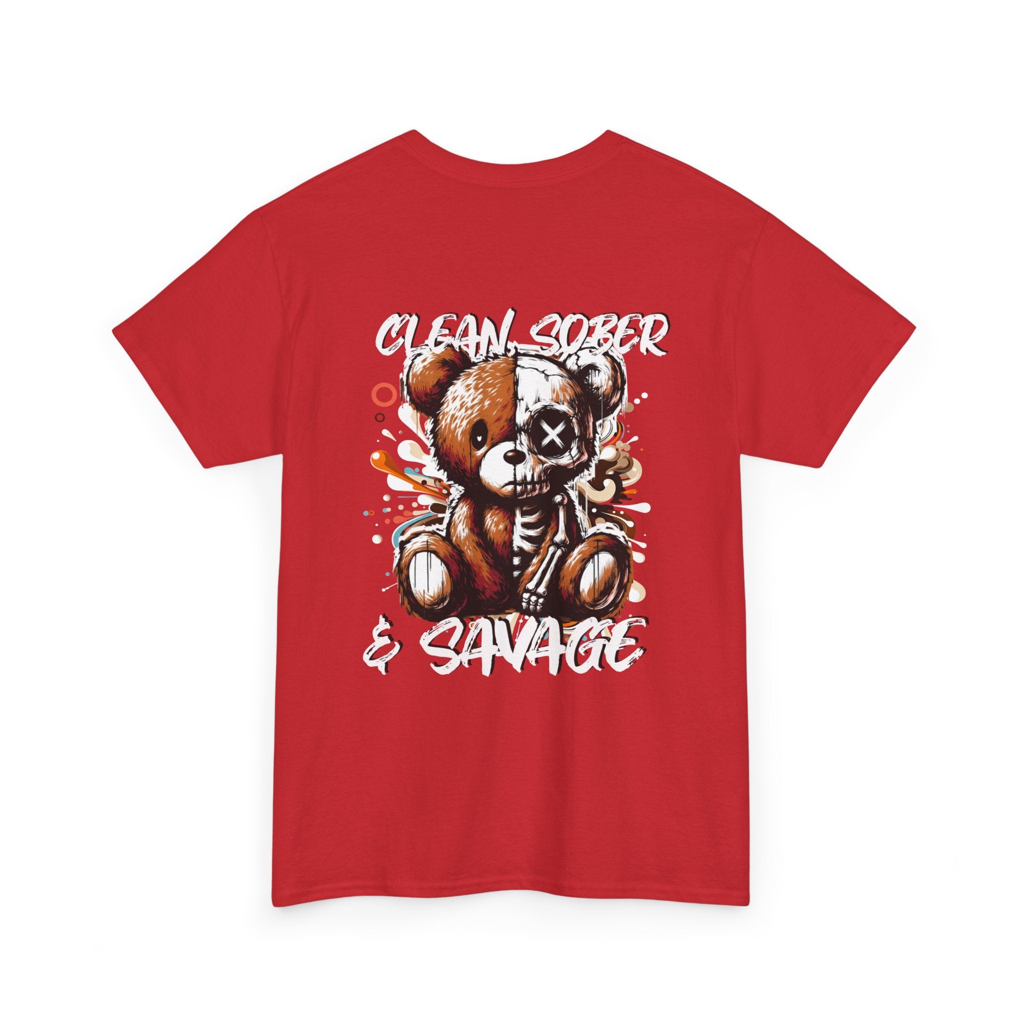 (DESIGN PRINT ON BACK)  Unisex Heavy Cotton Tee with Clean, Sober & Savage Graphic, Retro Bear Design Tee, Casual Streetwear Shirt, Gift for Him/Her, Summer Outfits