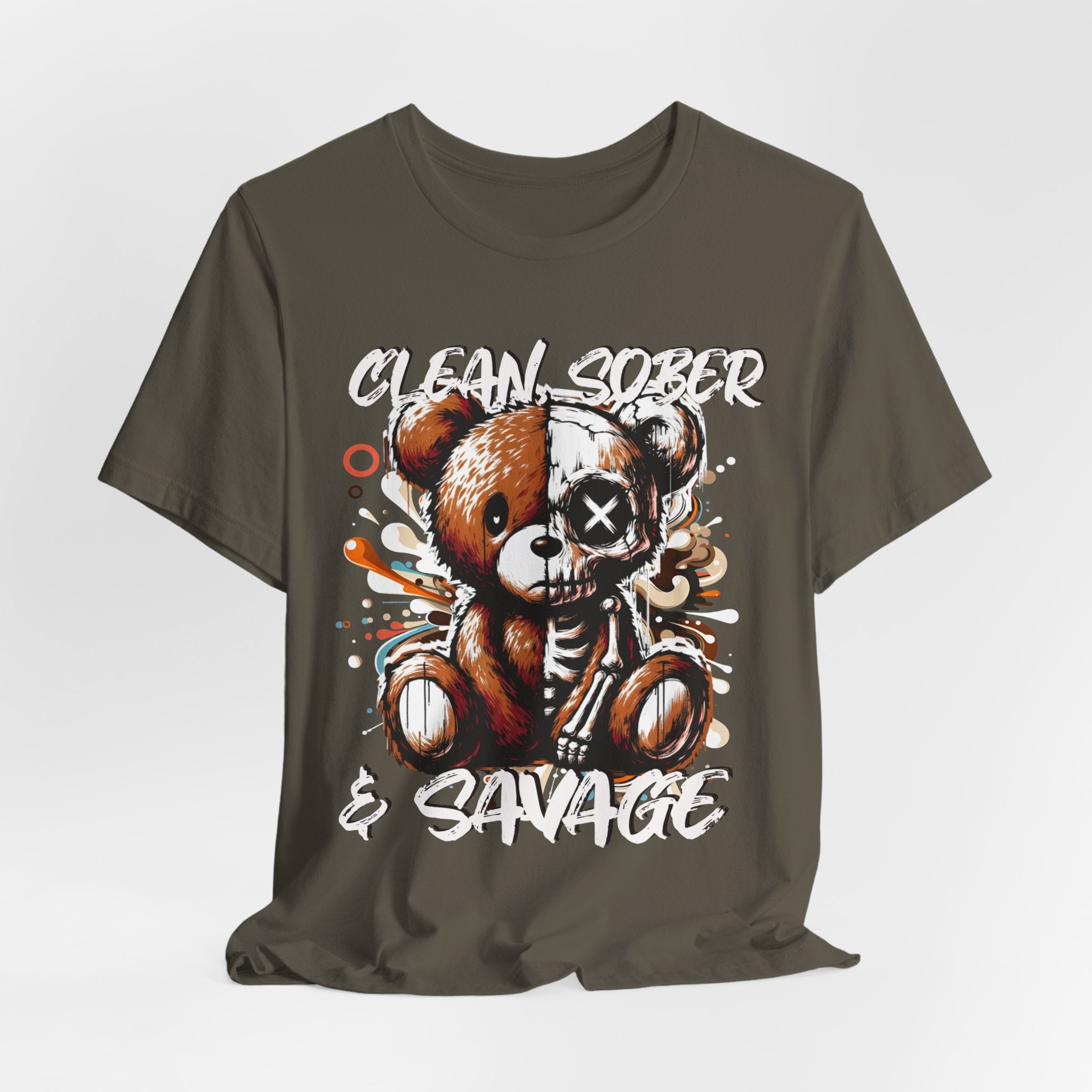 (DESIGN PRINT ON FRONT)  Clean Sober & Savage Tee | Unisex Short Sleeve T-Shirt, Recovery Apparel, Motivational Shirt, Casual Wear, Gift for Sobriety Celebrations