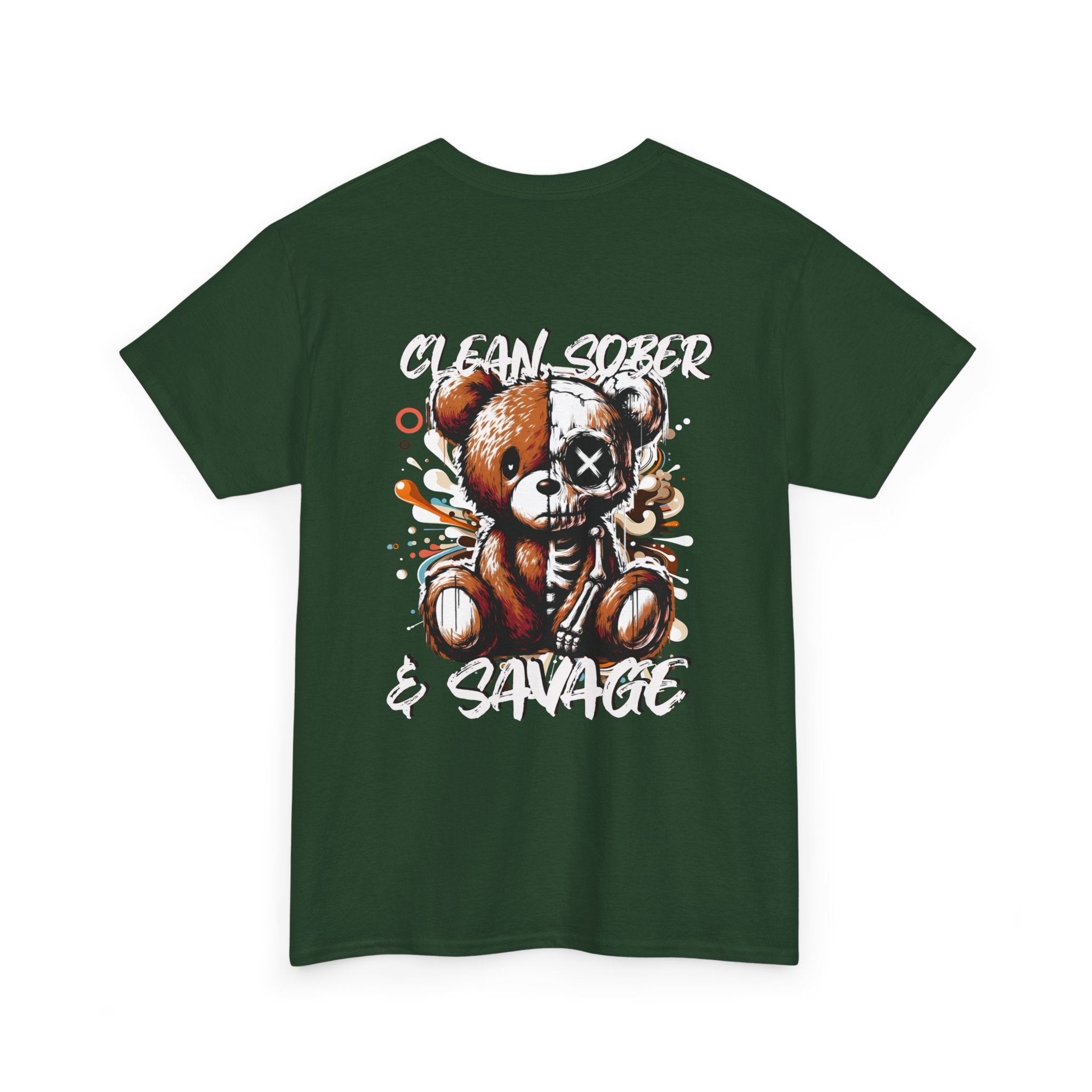 (DESIGN PRINT ON BACK)  Unisex Heavy Cotton Tee with Clean, Sober & Savage Graphic, Retro Bear Design Tee, Casual Streetwear Shirt, Gift for Him/Her, Summer Outfits