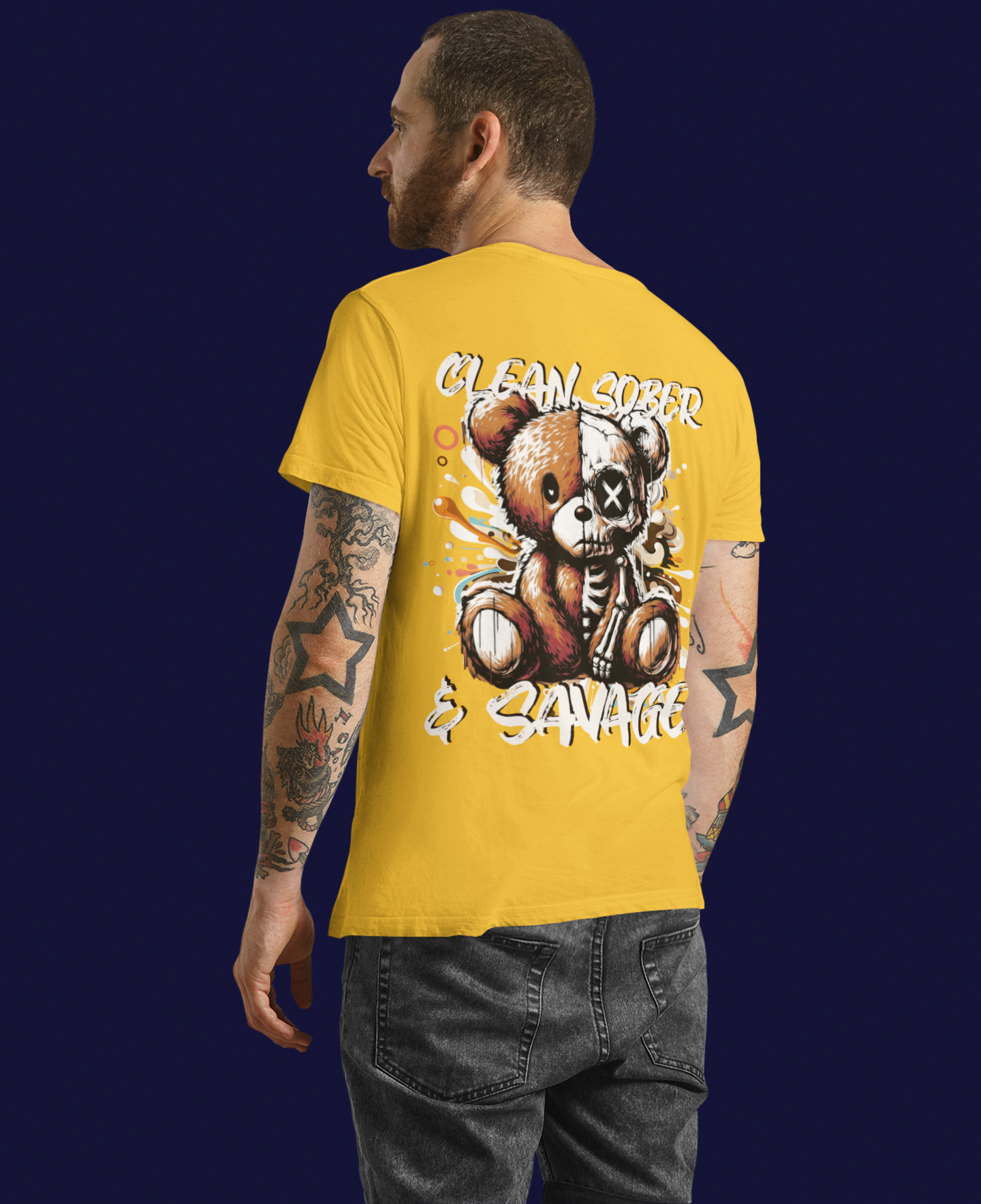 (DESIGN PRINT ON BACK)  Unisex Heavy Cotton Tee with Clean, Sober & Savage Graphic, Retro Bear Design Tee, Casual Streetwear Shirt, Gift for Him/Her, Summer Outfits