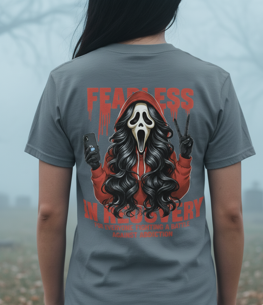 (DESIGN ON BACK) Fearless in Recovery Tee, Recovery Awareness Shirt, Mental Health T-Shirt, Unisex Heavy Cotton Tee, Inspirational Gift for Peer Support
