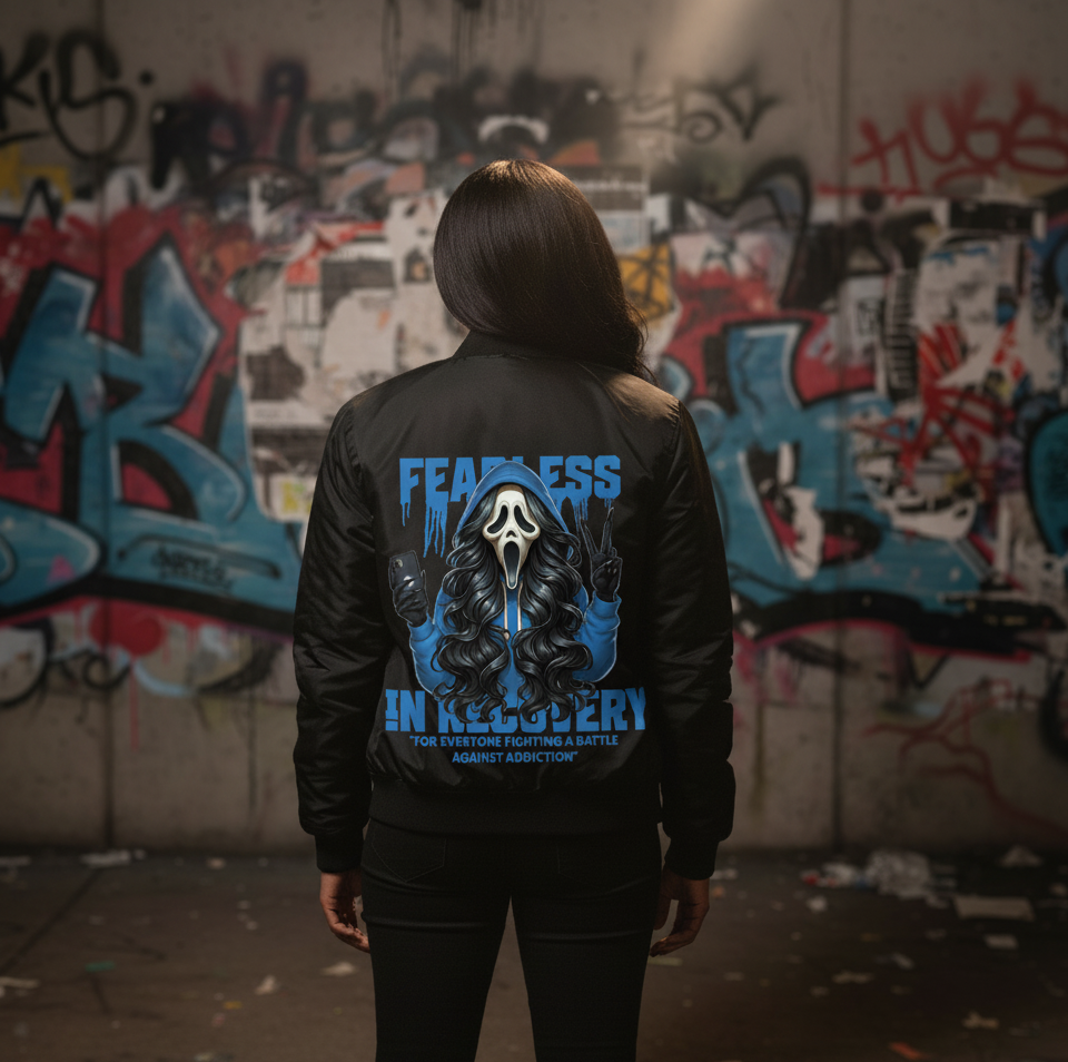 Fearless Women's Bomber Jacket (AOP) - Stylish Recovery Wear, Statement Jacket, Gift for Recovery Support, Trendy Streetwear, Unique Fashion