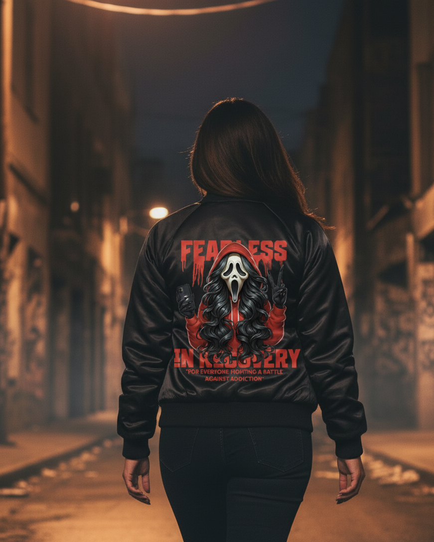 Fearless in Recovery Women's Bomber Jacket, Stylish Statement Outerwear, Perfect Gift for Support, Fashion Meets Motivation, Unique Design
