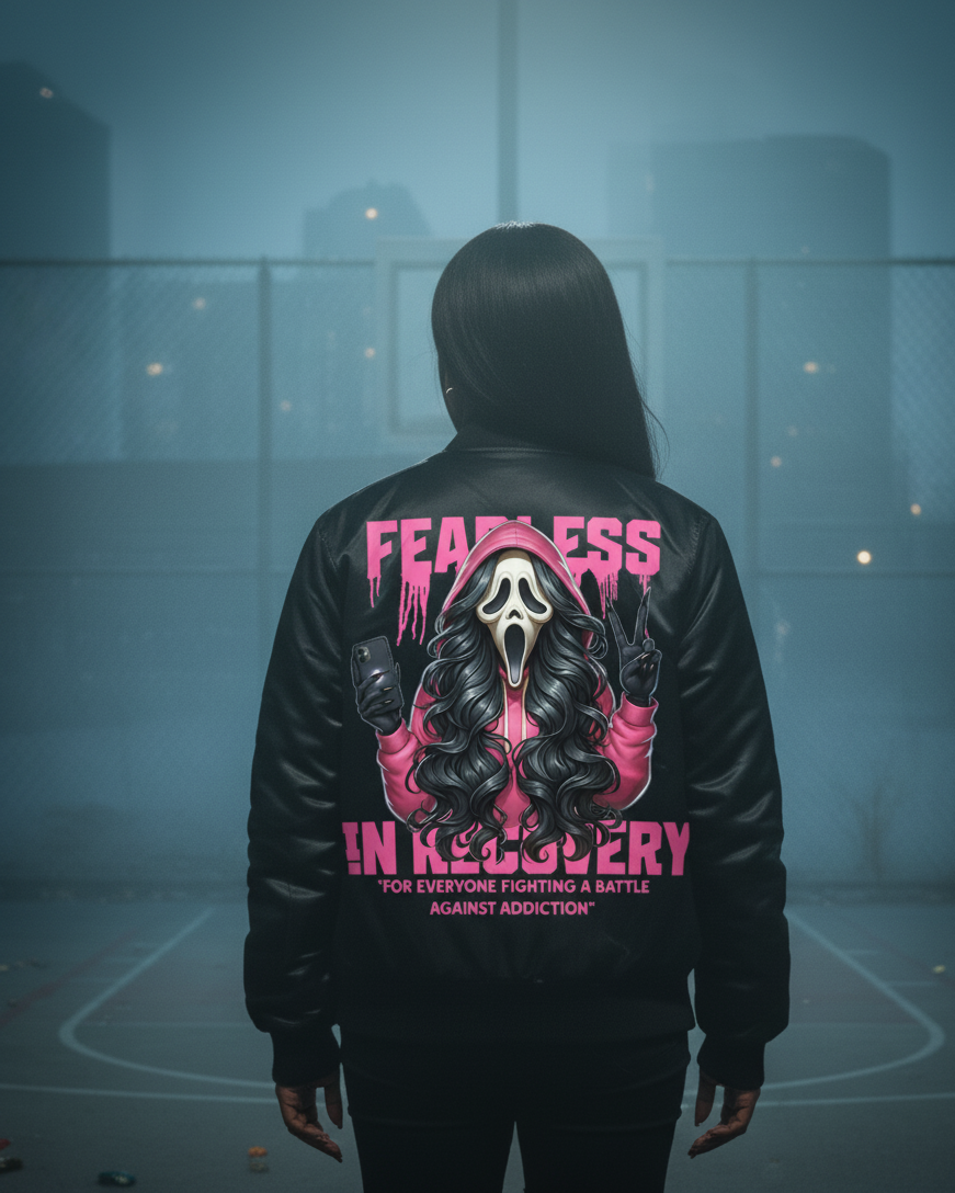 Fearless Women's Bomber Jacket - AOP | Recovery Style | Perfect Gift for Addicts, Courage, Motivation, Streetwear Fashion