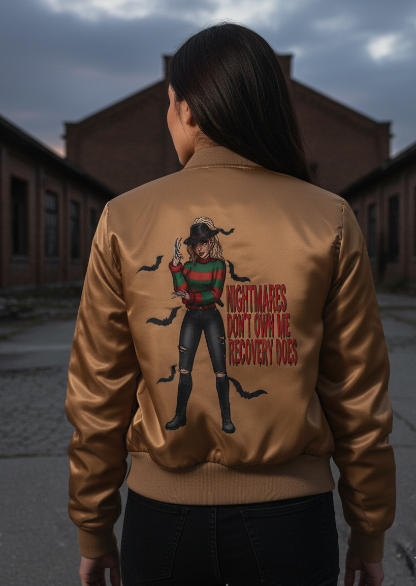 Women's Bomber Jacket with Nightmares Design | AOP Jacket for Horror Fans, Halloween Apparel, Cozy Streetwear, Unique Gifts, Casual Style