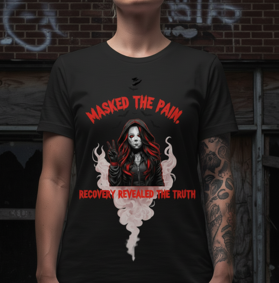 Gothic Graphic Tee - Masked The Pain, Recovery, Truth, Unisex Heavy Cotton Shirt, Alternative Fashion, Self-Care Apparel, Edgy Gift