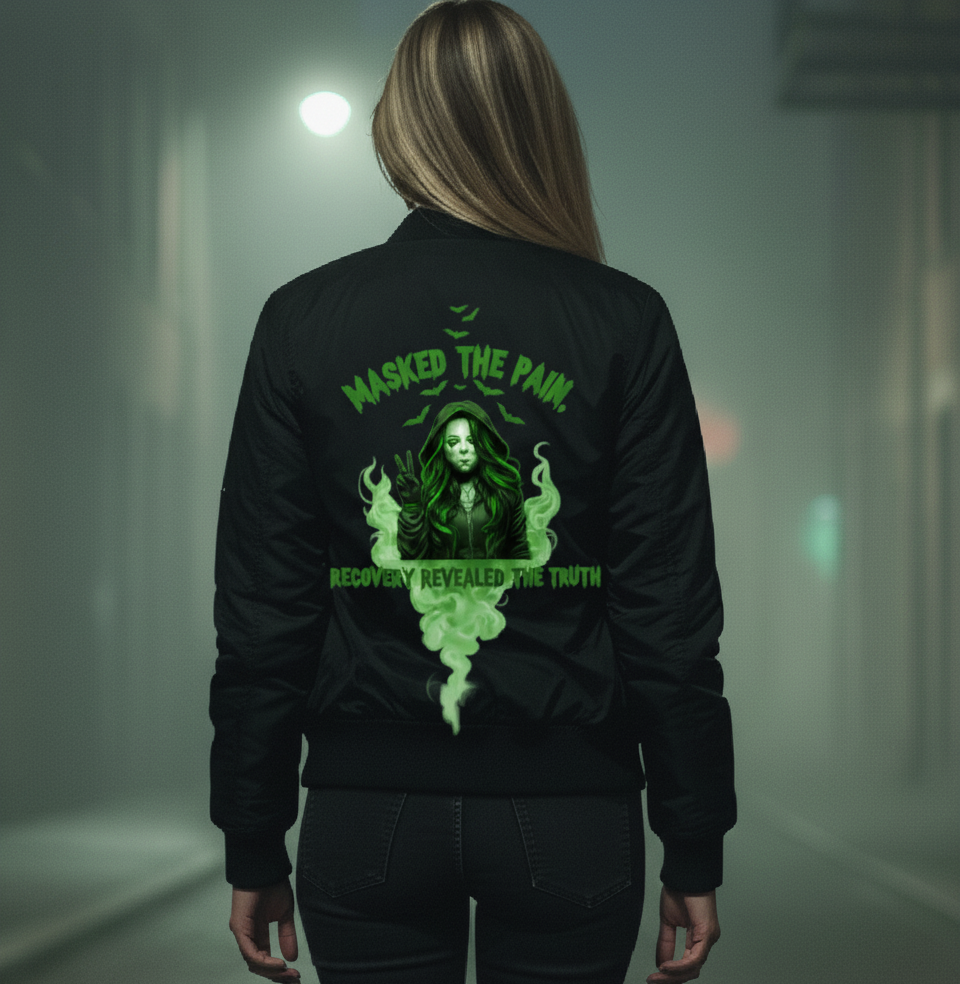 Women's Bomber Jacket - Masked the Pain, Recovery Revealed the Truth, Vintage Streetwear, Gift for Her, Boho Outfit, Halloween Style
