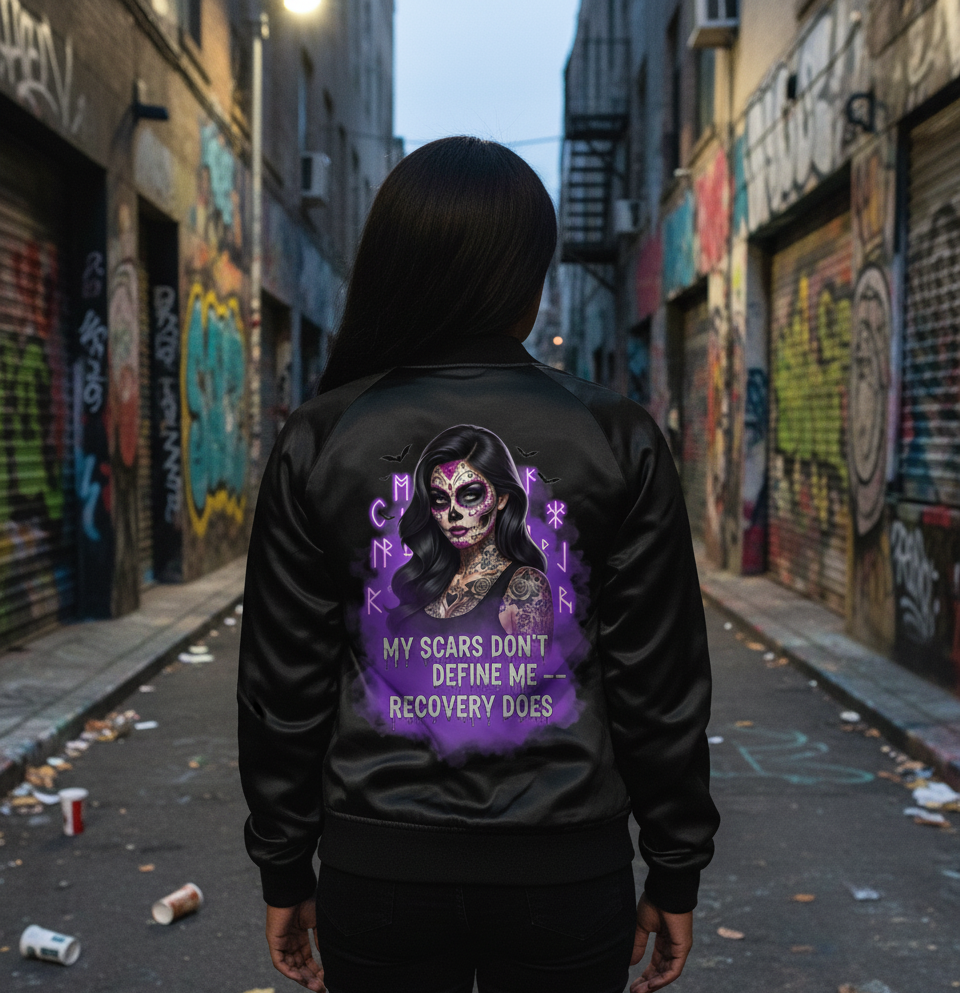 Empowering Women's Bomber Jacket, Graphic Jacket, Recovery Apparel, Unique Gift, Casual Wear, Inspirational Fashion