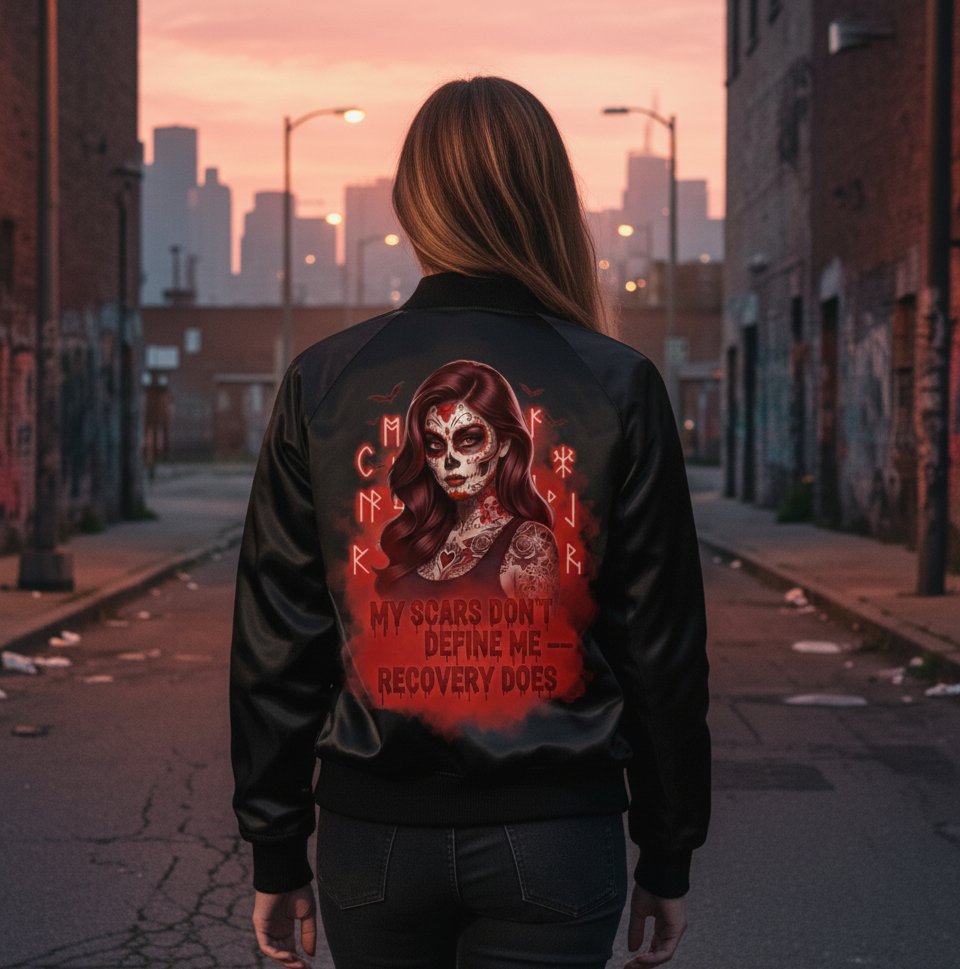 Empowering Women's Bomber Jacket, Recovery Message, Stylish Outerwear, Perfect for Casual Wear, Gift for Self-Love Celebrations