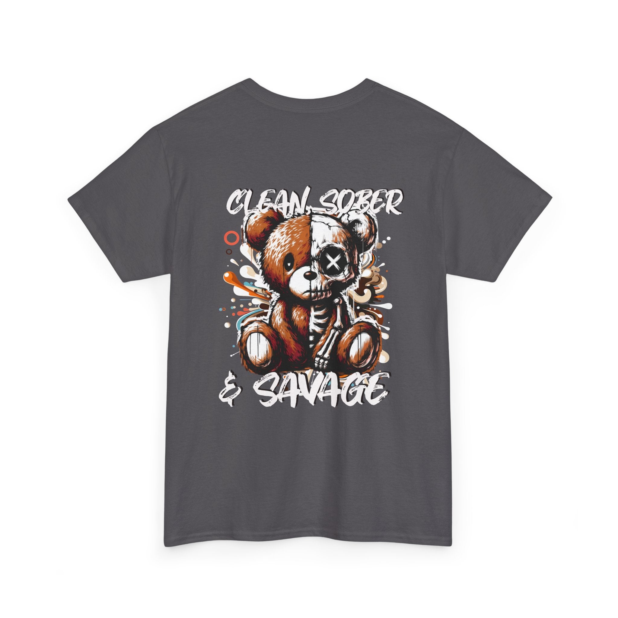 (DESIGN PRINT ON BACK)  Unisex Heavy Cotton Tee with Clean, Sober & Savage Graphic, Retro Bear Design Tee, Casual Streetwear Shirt, Gift for Him/Her, Summer Outfits