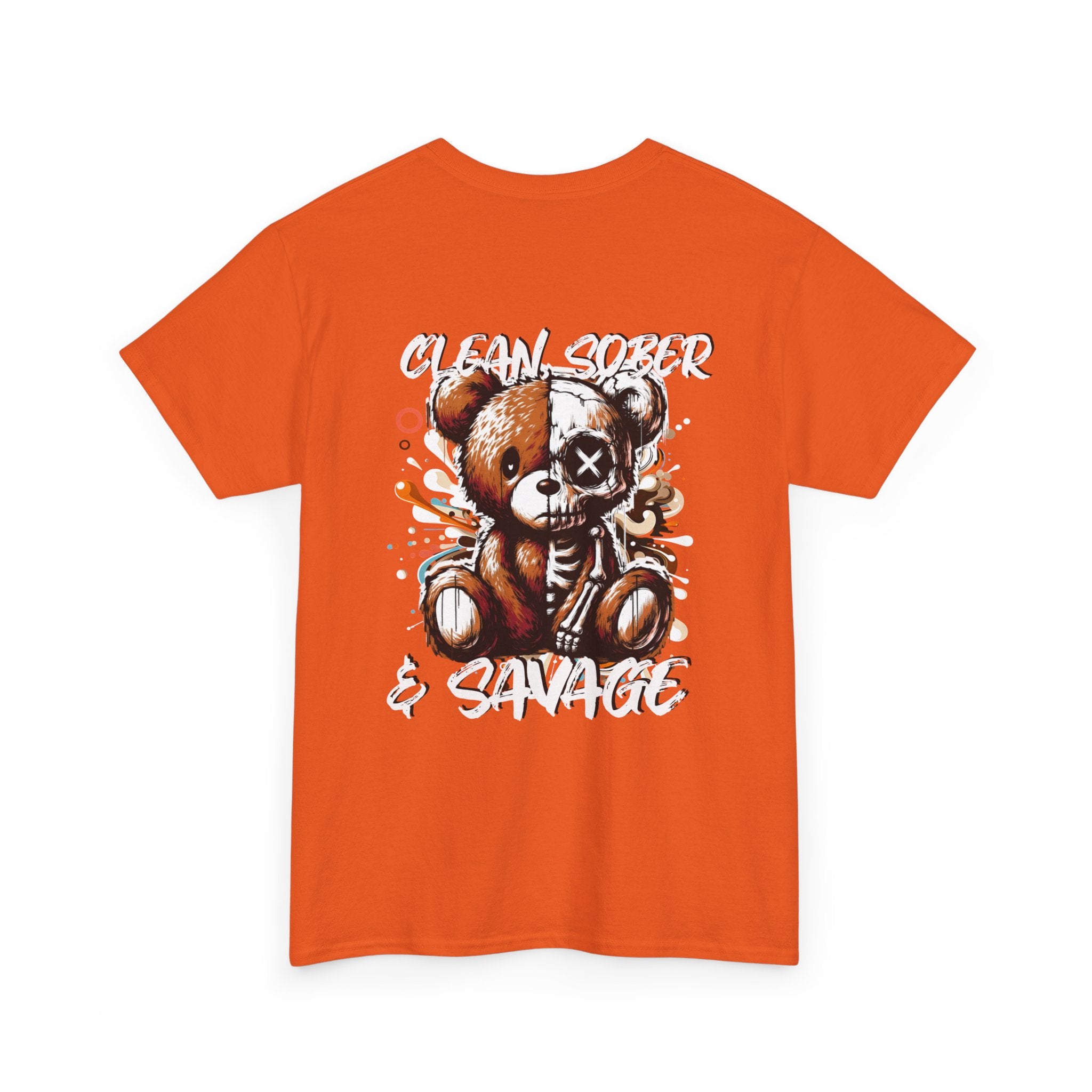 (DESIGN PRINT ON BACK)  Unisex Heavy Cotton Tee with Clean, Sober & Savage Graphic, Retro Bear Design Tee, Casual Streetwear Shirt, Gift for Him/Her, Summer Outfits