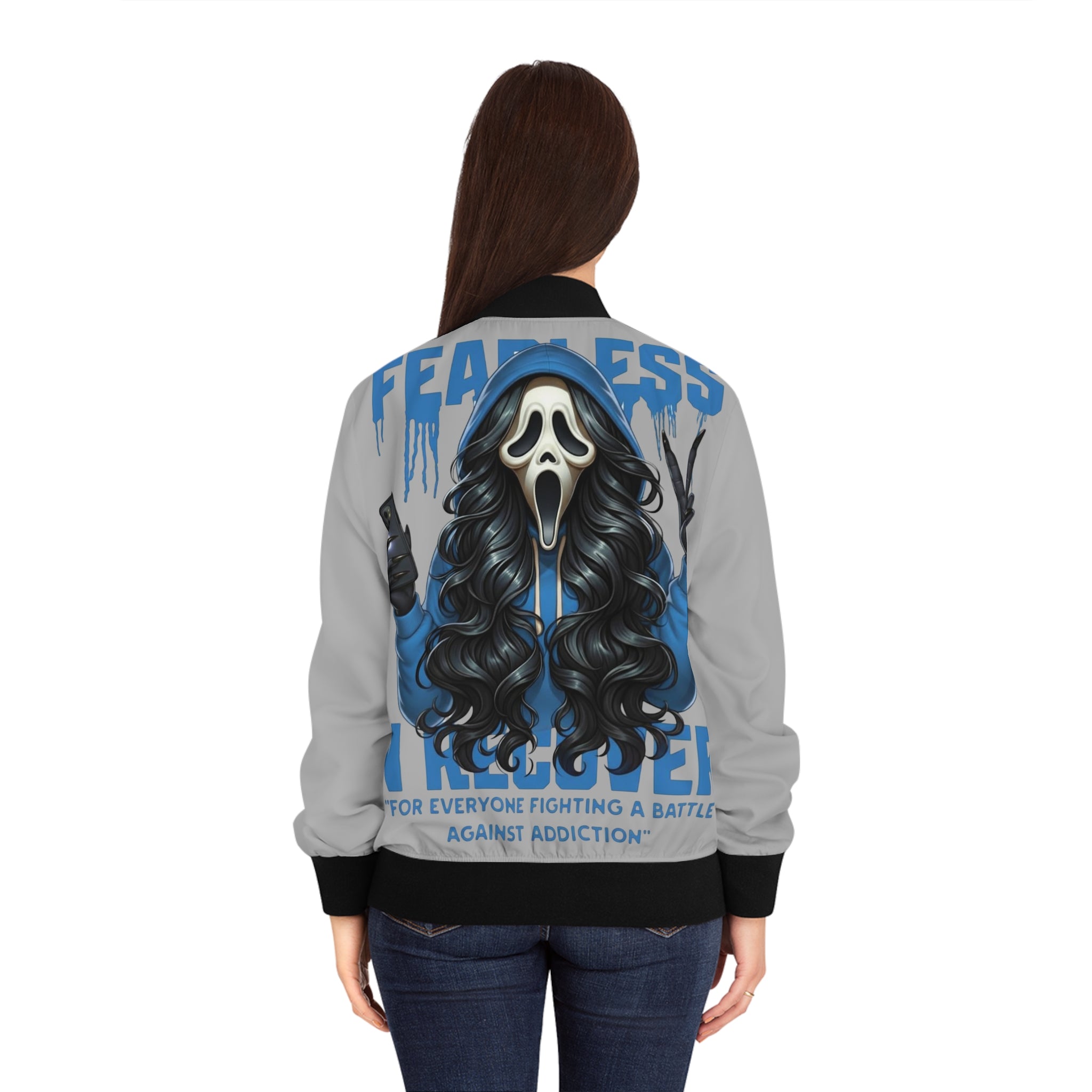 Fearless Women's Bomber Jacket (AOP) - Stylish Recovery Wear, Statement Jacket, Gift for Recovery Support, Trendy Streetwear, Unique Fashion