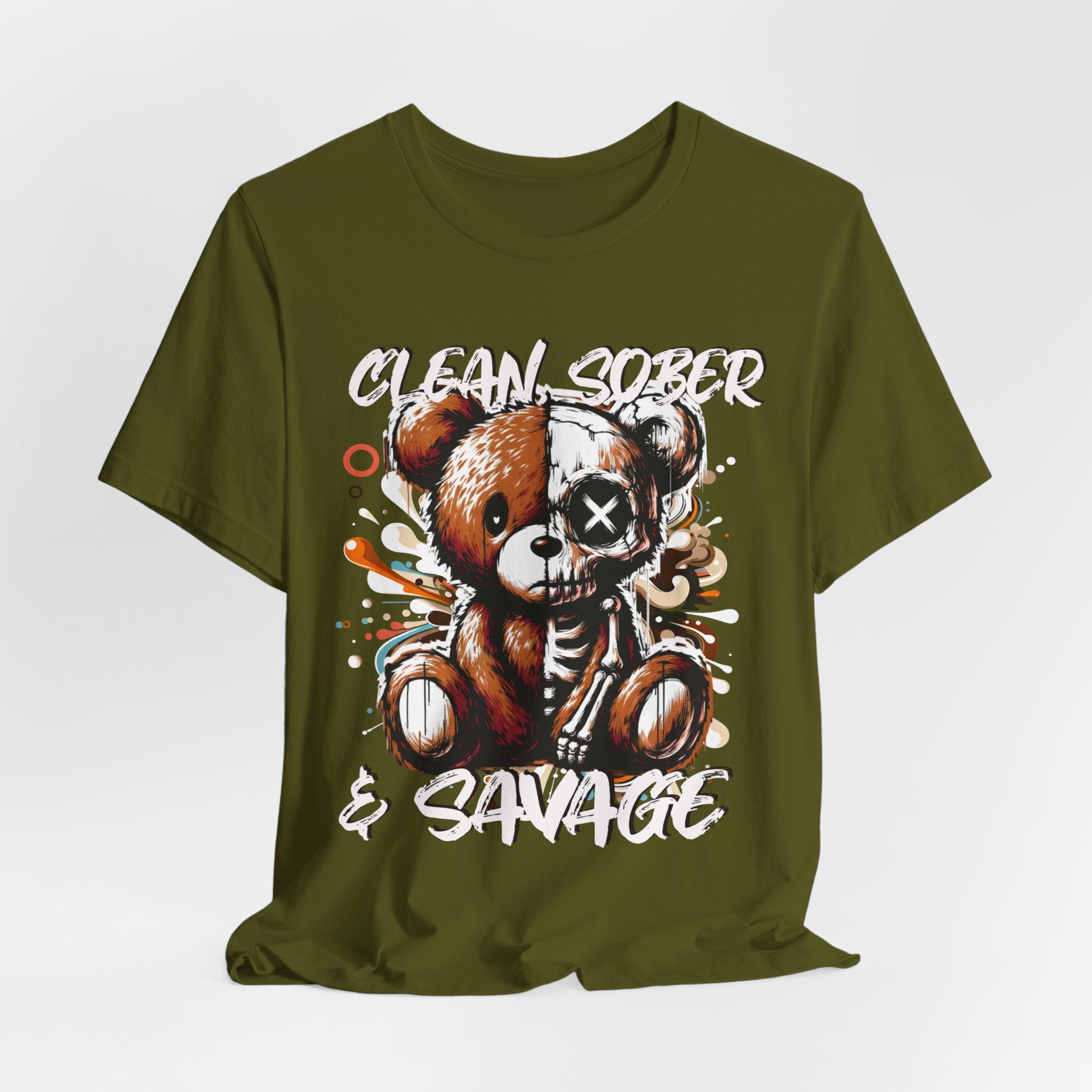 (DESIGN PRINT ON FRONT)  Clean Sober & Savage Tee | Unisex Short Sleeve T-Shirt, Recovery Apparel, Motivational Shirt, Casual Wear, Gift for Sobriety Celebrations