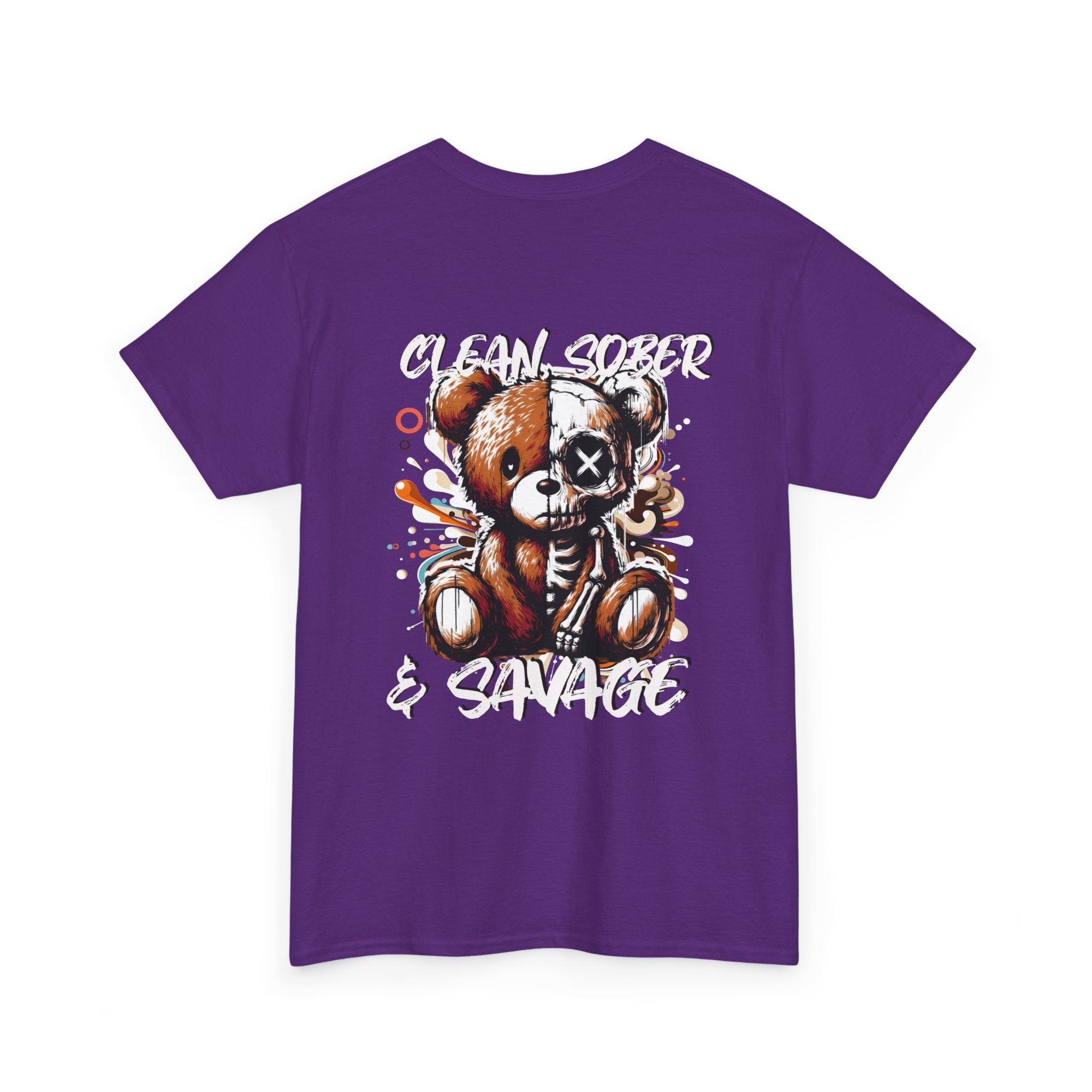 (DESIGN PRINT ON BACK)  Unisex Heavy Cotton Tee with Clean, Sober & Savage Graphic, Retro Bear Design Tee, Casual Streetwear Shirt, Gift for Him/Her, Summer Outfits