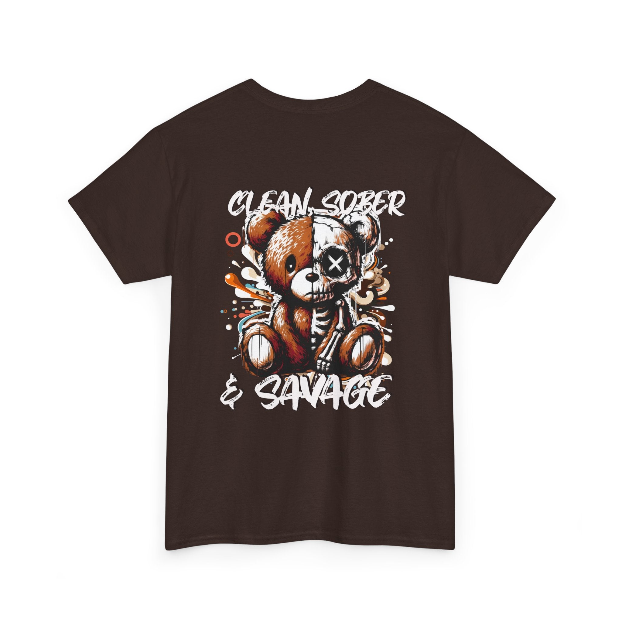 (DESIGN PRINT ON BACK)  Unisex Heavy Cotton Tee with Clean, Sober & Savage Graphic, Retro Bear Design Tee, Casual Streetwear Shirt, Gift for Him/Her, Summer Outfits