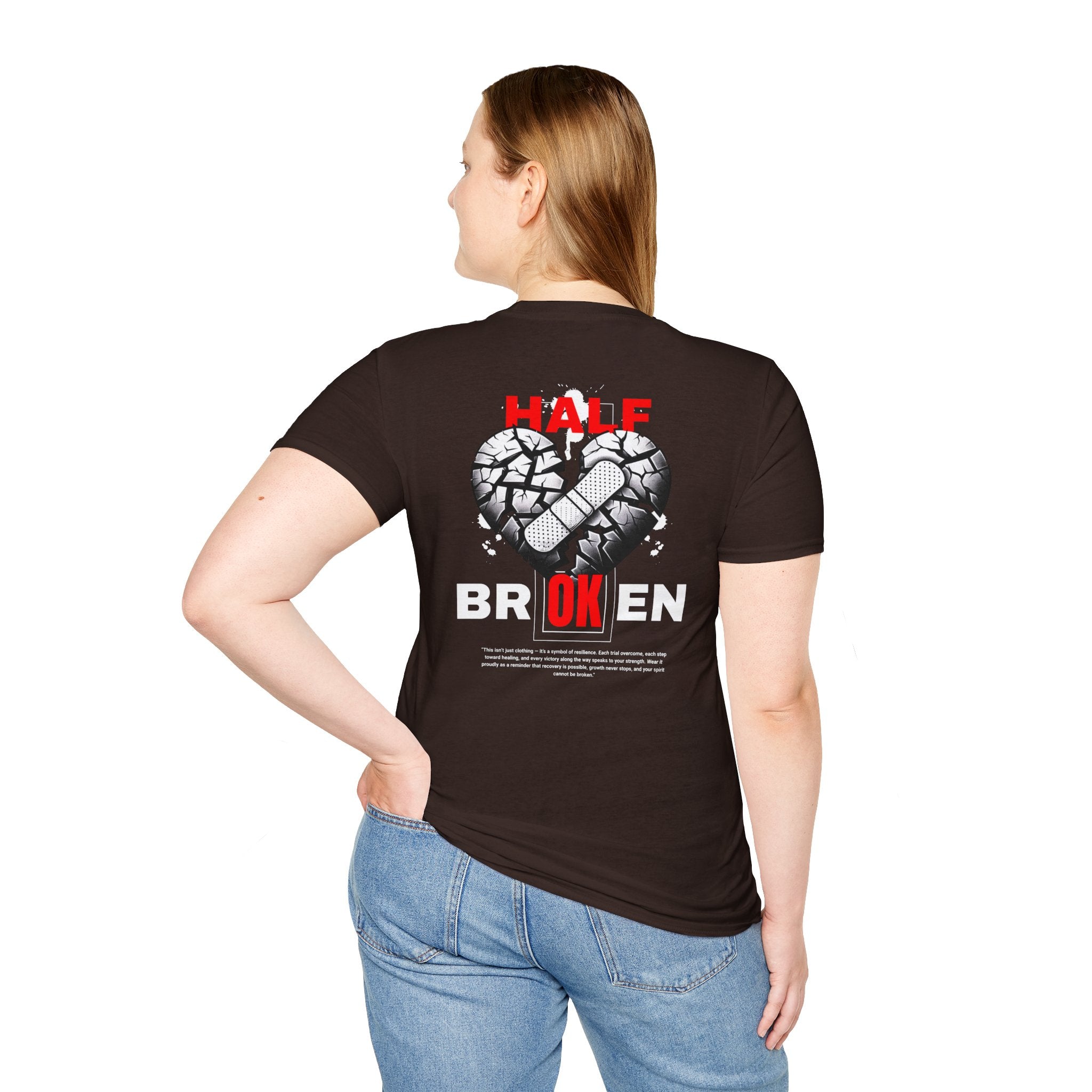 (DESIGN PRINT ON BACK)  Half Broken Heart T-Shirt, Unisex Softstyle Tee, Casual Wear, Gift for Friends, Popular Teen Apparel, Heartbreak Merch