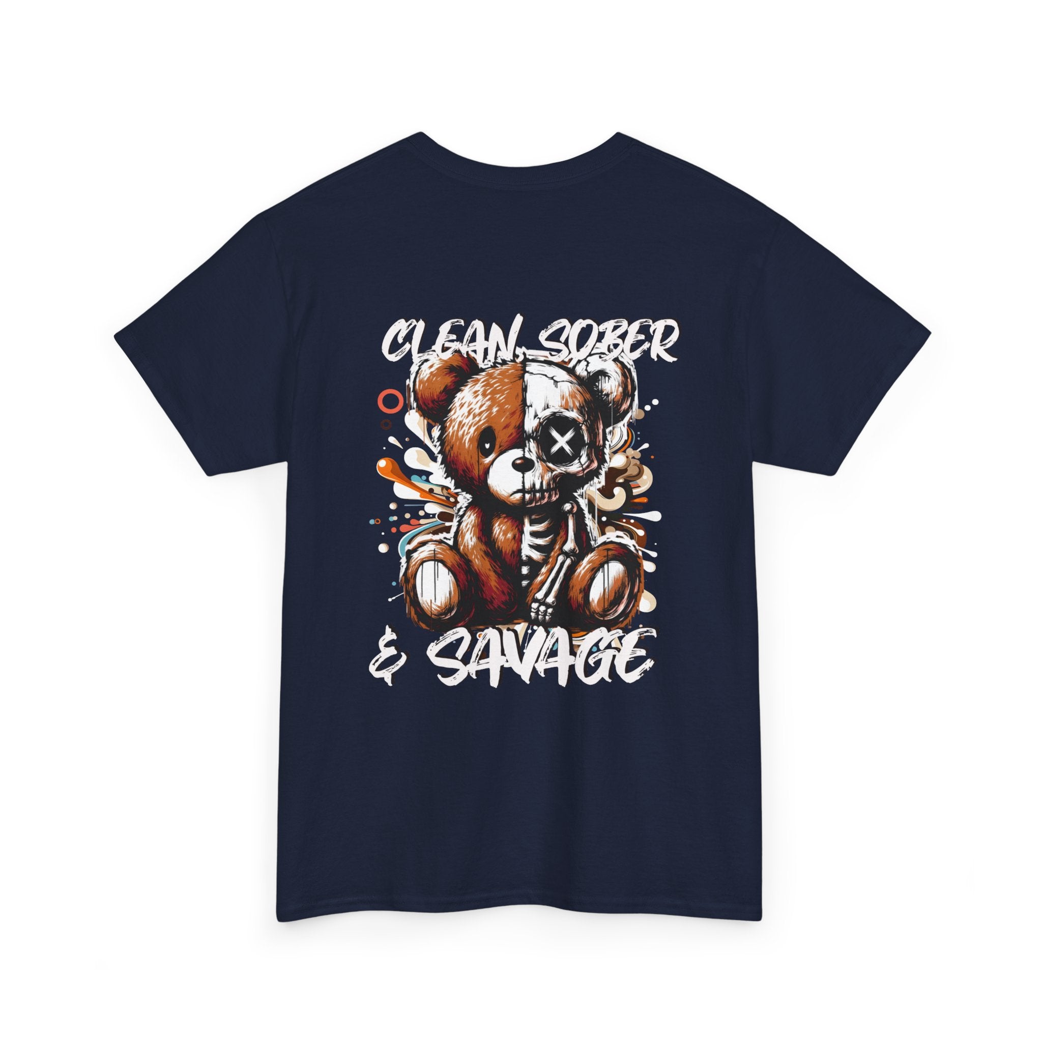 (DESIGN PRINT ON BACK)  Unisex Heavy Cotton Tee with Clean, Sober & Savage Graphic, Retro Bear Design Tee, Casual Streetwear Shirt, Gift for Him/Her, Summer Outfits