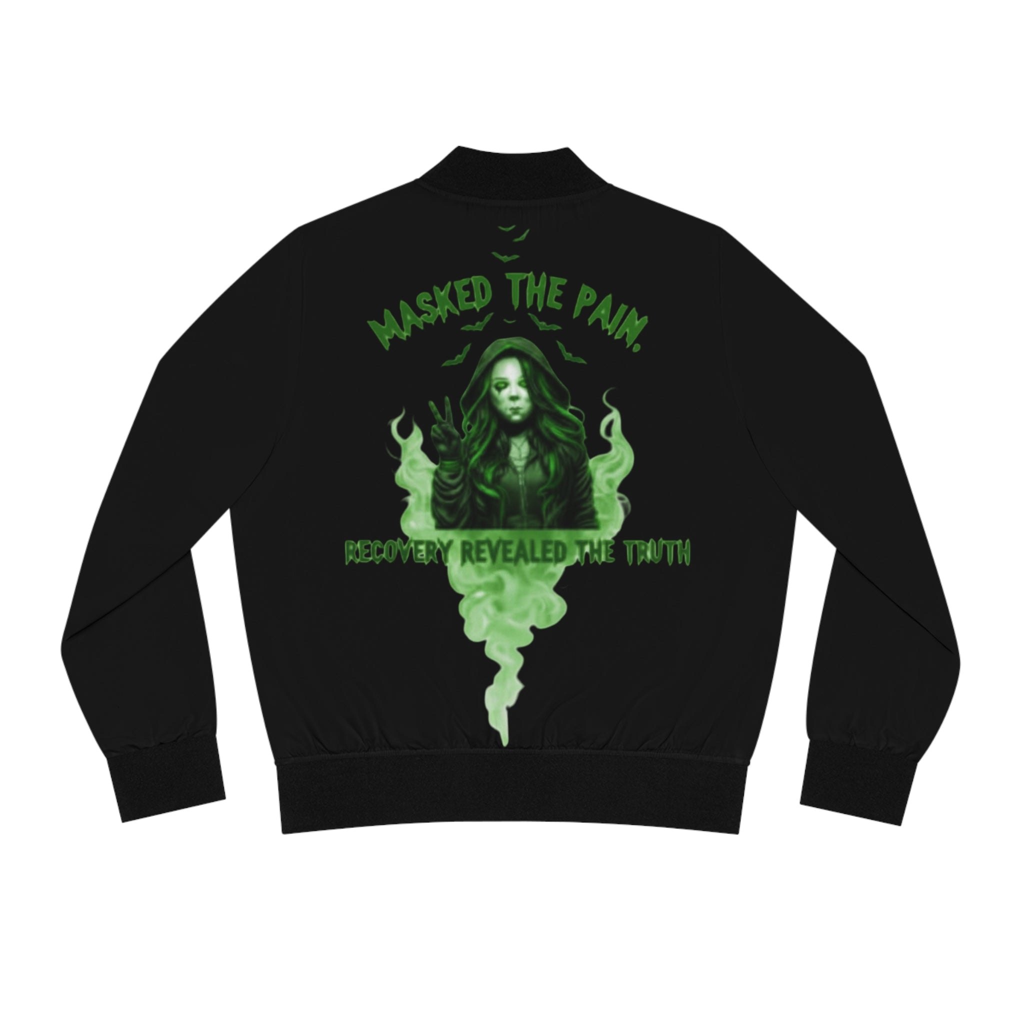 Women's Bomber Jacket - Masked the Pain, Recovery Revealed the Truth, Vintage Streetwear, Gift for Her, Boho Outfit, Halloween Style