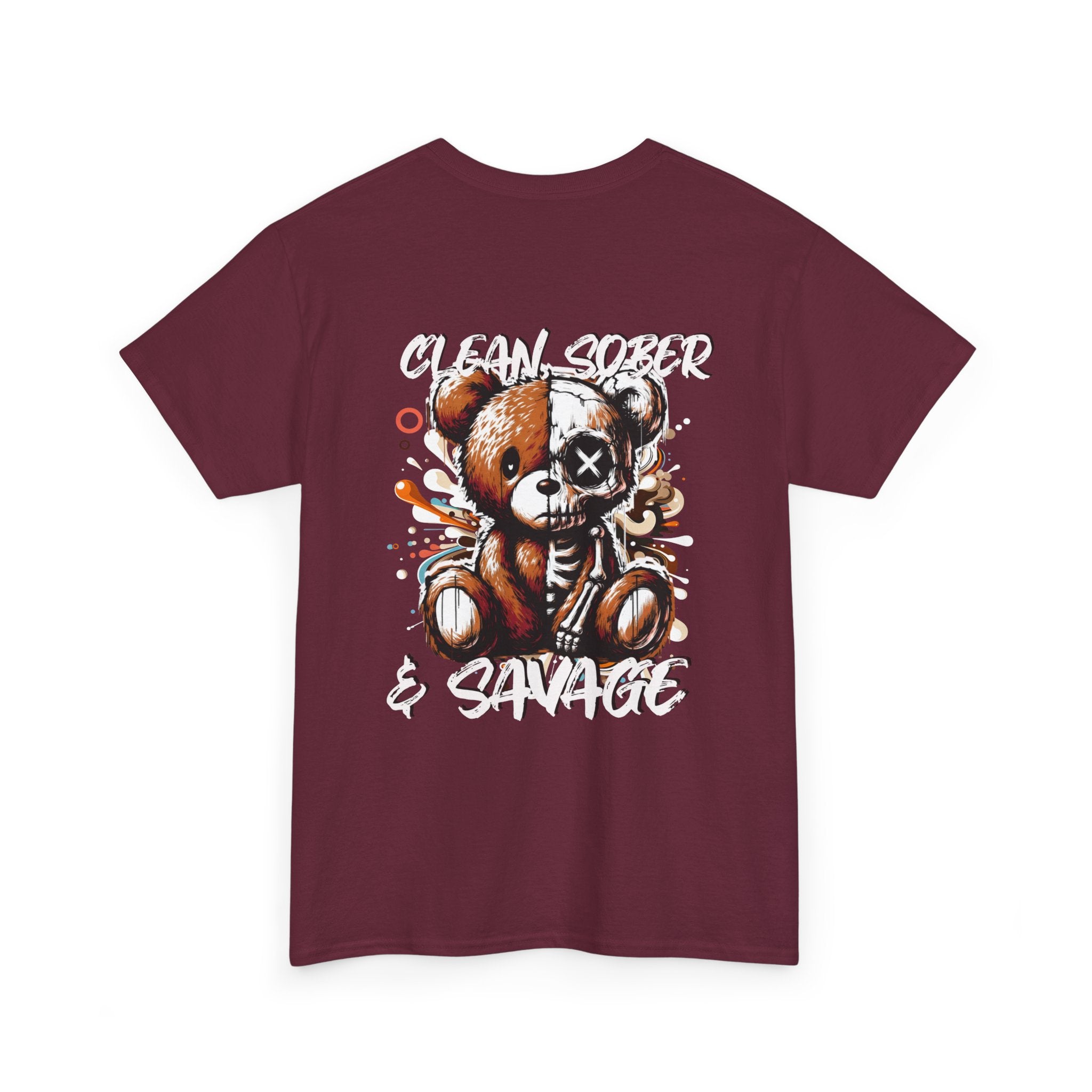 (DESIGN PRINT ON BACK)  Unisex Heavy Cotton Tee with Clean, Sober & Savage Graphic, Retro Bear Design Tee, Casual Streetwear Shirt, Gift for Him/Her, Summer Outfits