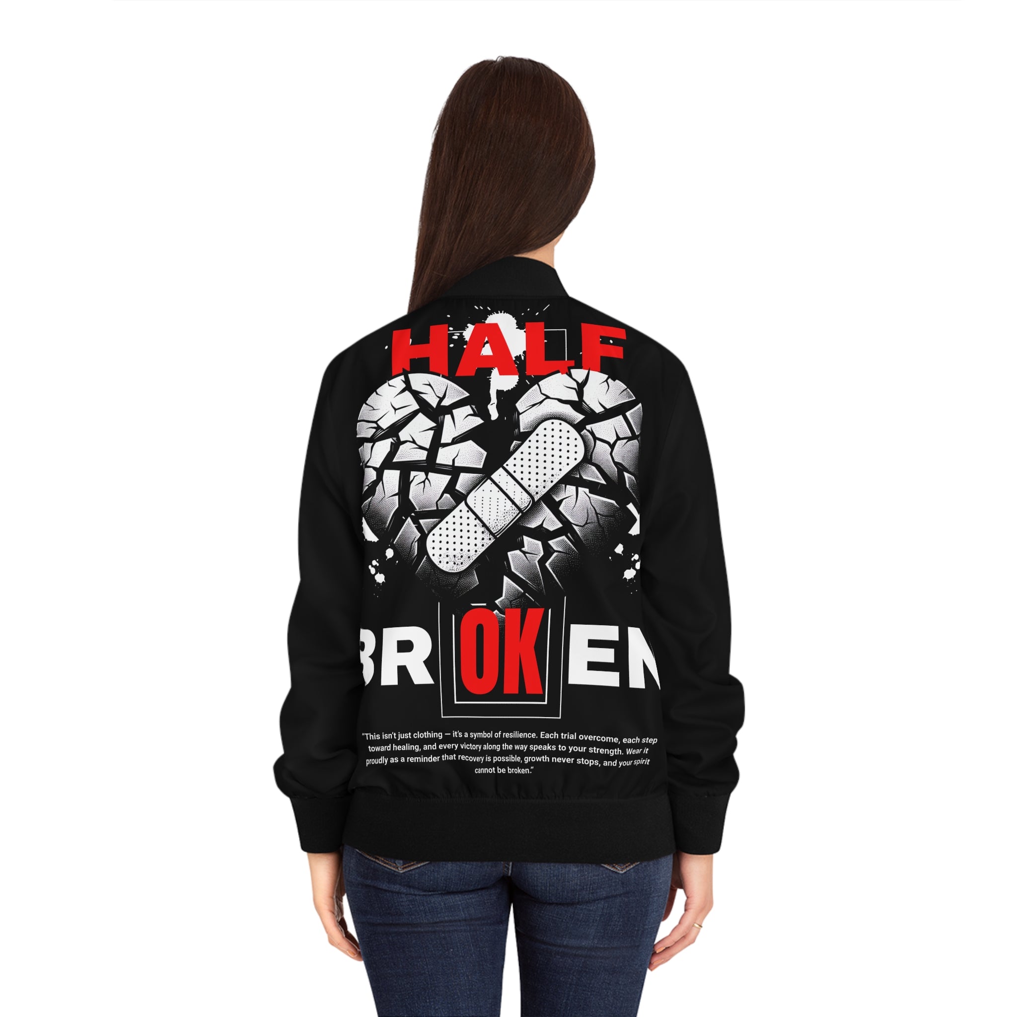 Half Broken Women's Bomber Jacket, Casual Layer, Inspirational Gift, Unique Streetwear, Trendy Outerwear, Fall Wardrobe Essential