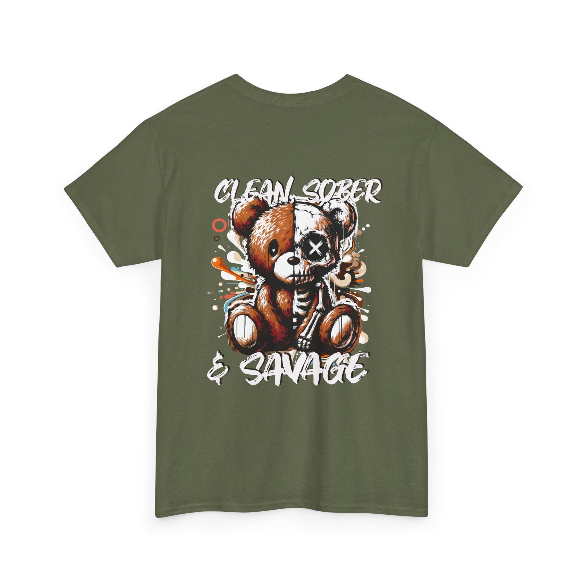 (DESIGN PRINT ON BACK)  Unisex Heavy Cotton Tee with Clean, Sober & Savage Graphic, Retro Bear Design Tee, Casual Streetwear Shirt, Gift for Him/Her, Summer Outfits