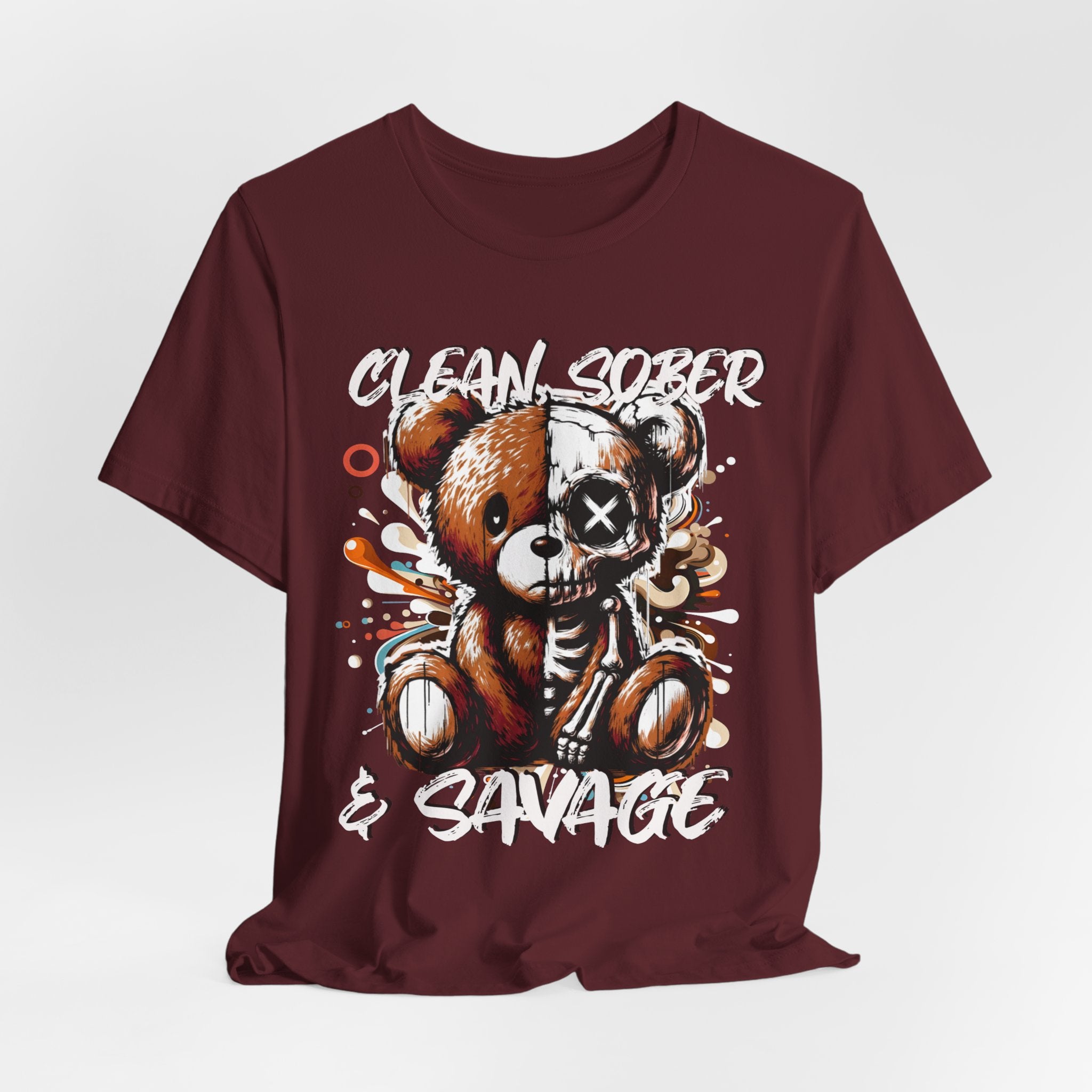 (DESIGN PRINT ON FRONT)  Clean Sober & Savage Tee | Unisex Short Sleeve T-Shirt, Recovery Apparel, Motivational Shirt, Casual Wear, Gift for Sobriety Celebrations