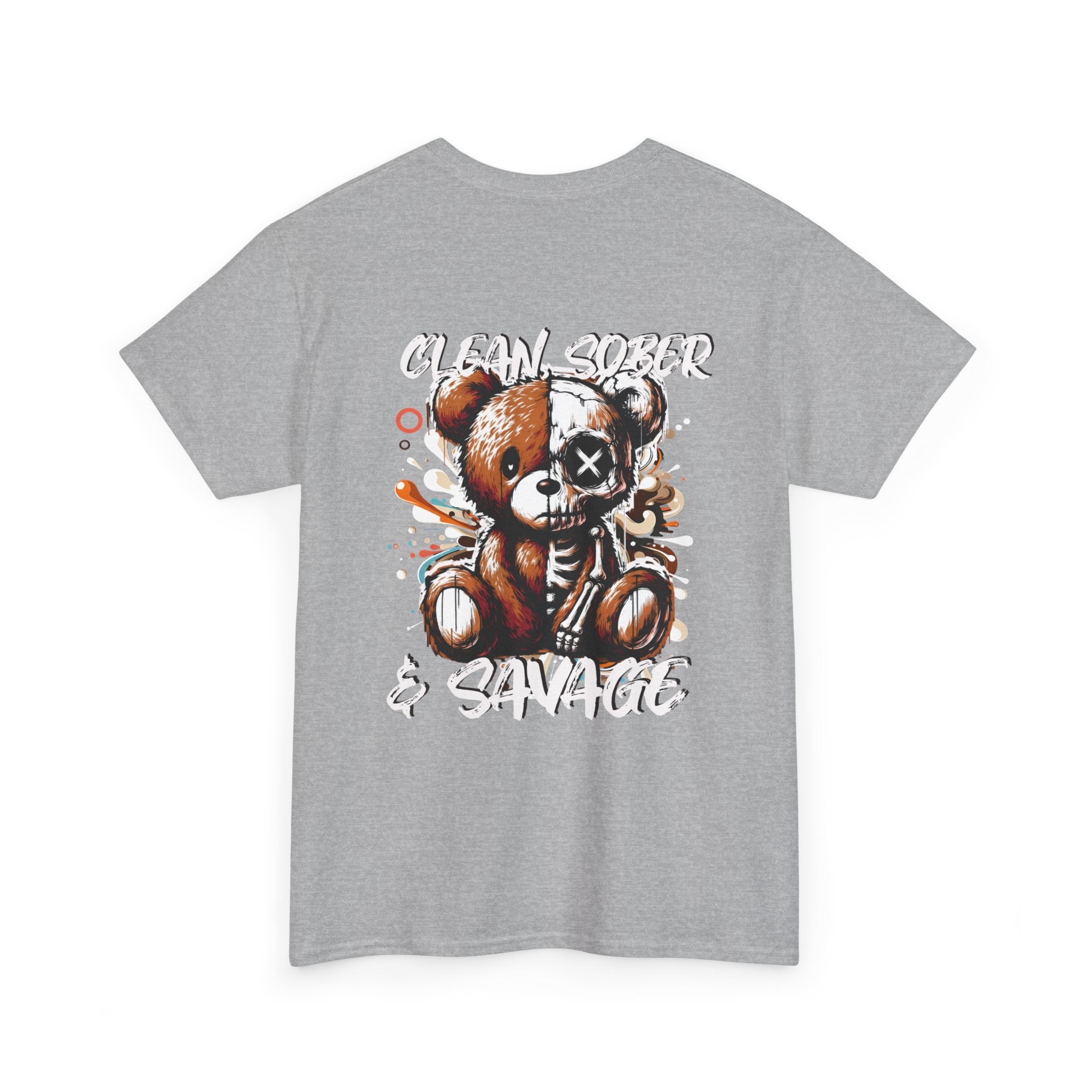 (DESIGN PRINT ON BACK)  Unisex Heavy Cotton Tee with Clean, Sober & Savage Graphic, Retro Bear Design Tee, Casual Streetwear Shirt, Gift for Him/Her, Summer Outfits