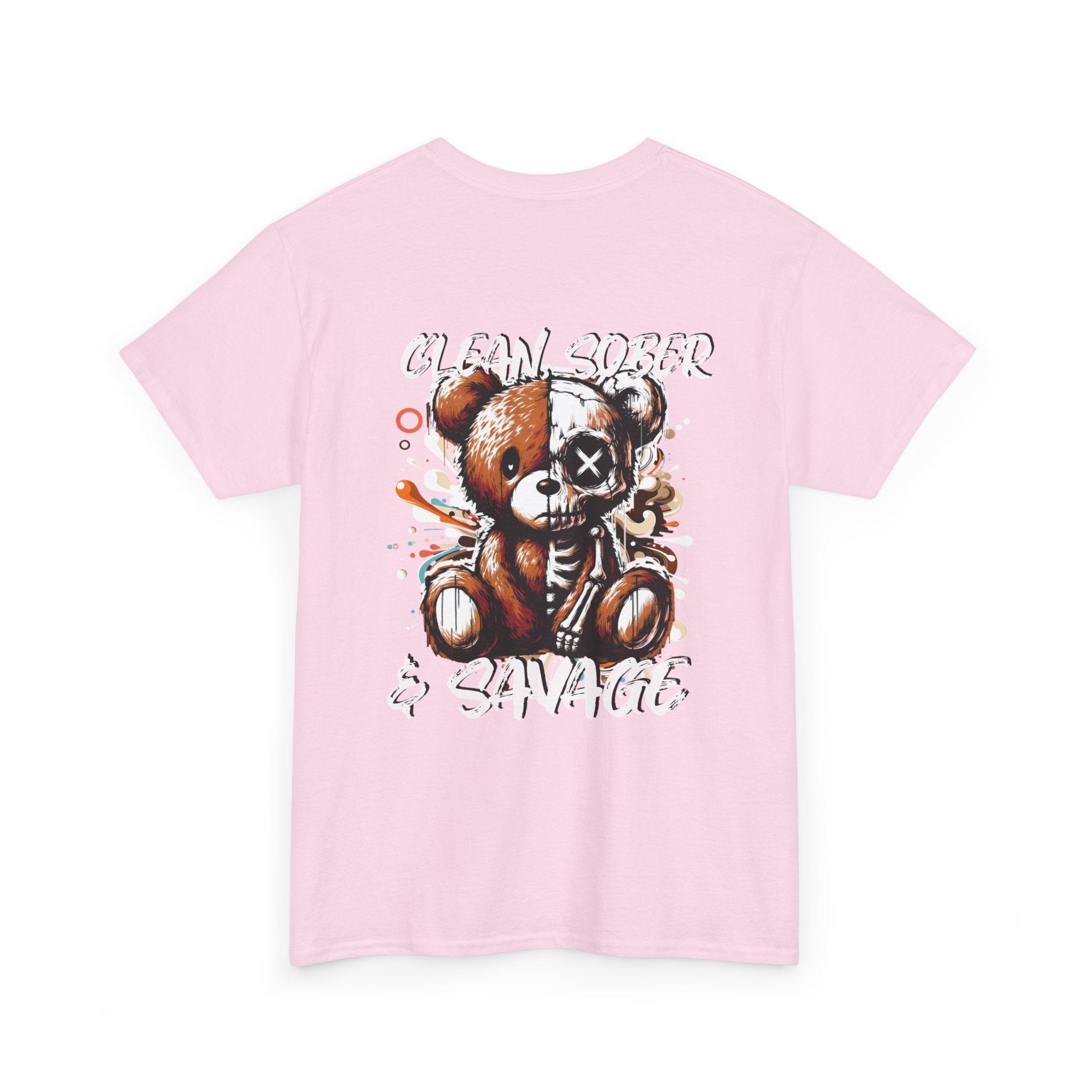 (DESIGN PRINT ON BACK)  Unisex Heavy Cotton Tee with Clean, Sober & Savage Graphic, Retro Bear Design Tee, Casual Streetwear Shirt, Gift for Him/Her, Summer Outfits
