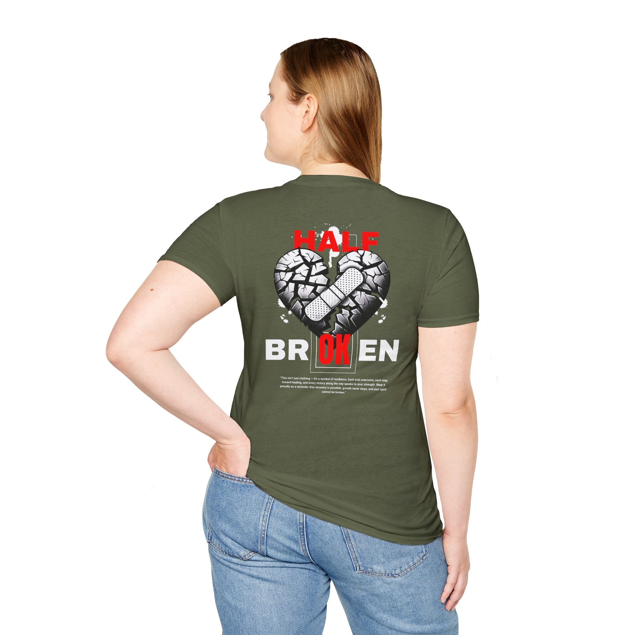 (DESIGN PRINT ON BACK)  Half Broken Heart T-Shirt, Unisex Softstyle Tee, Casual Wear, Gift for Friends, Popular Teen Apparel, Heartbreak Merch