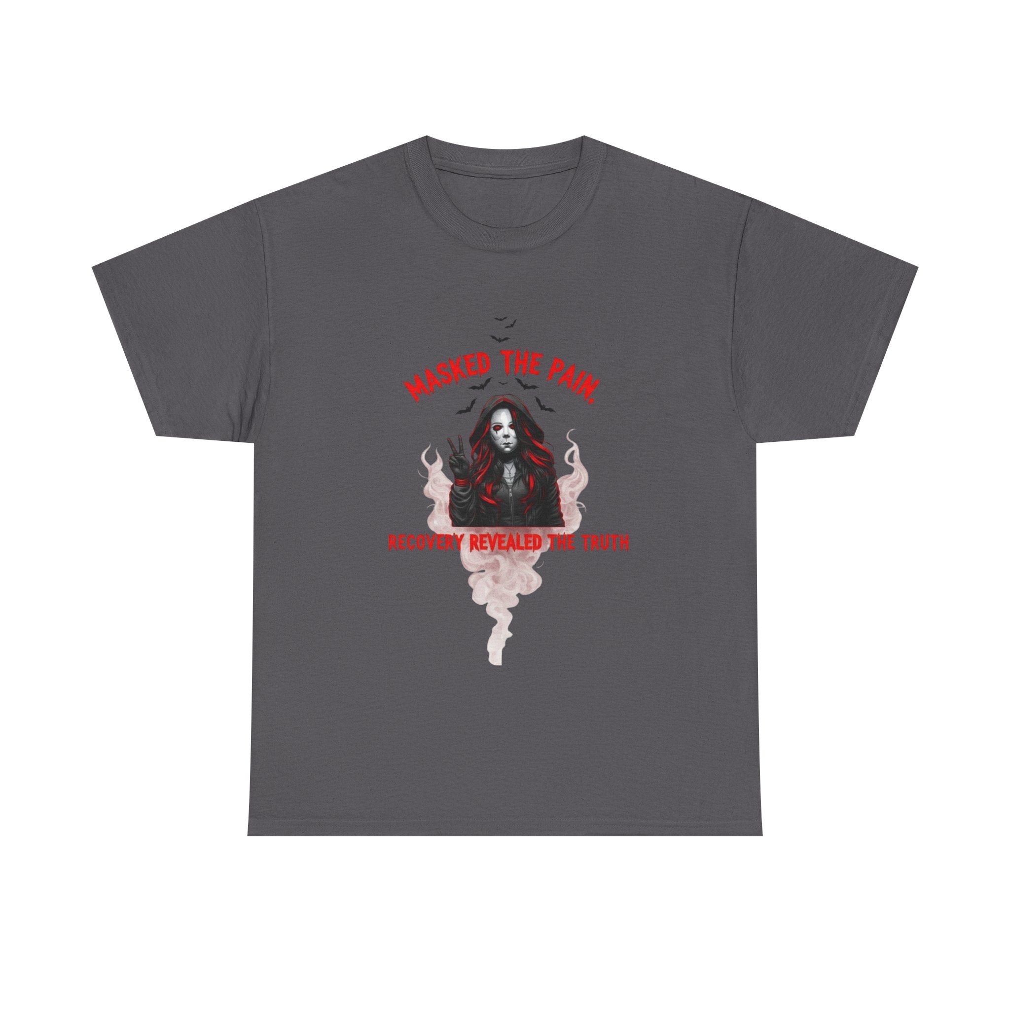 Gothic Graphic Tee - Masked The Pain, Recovery, Truth, Unisex Heavy Cotton Shirt, Alternative Fashion, Self-Care Apparel, Edgy Gift