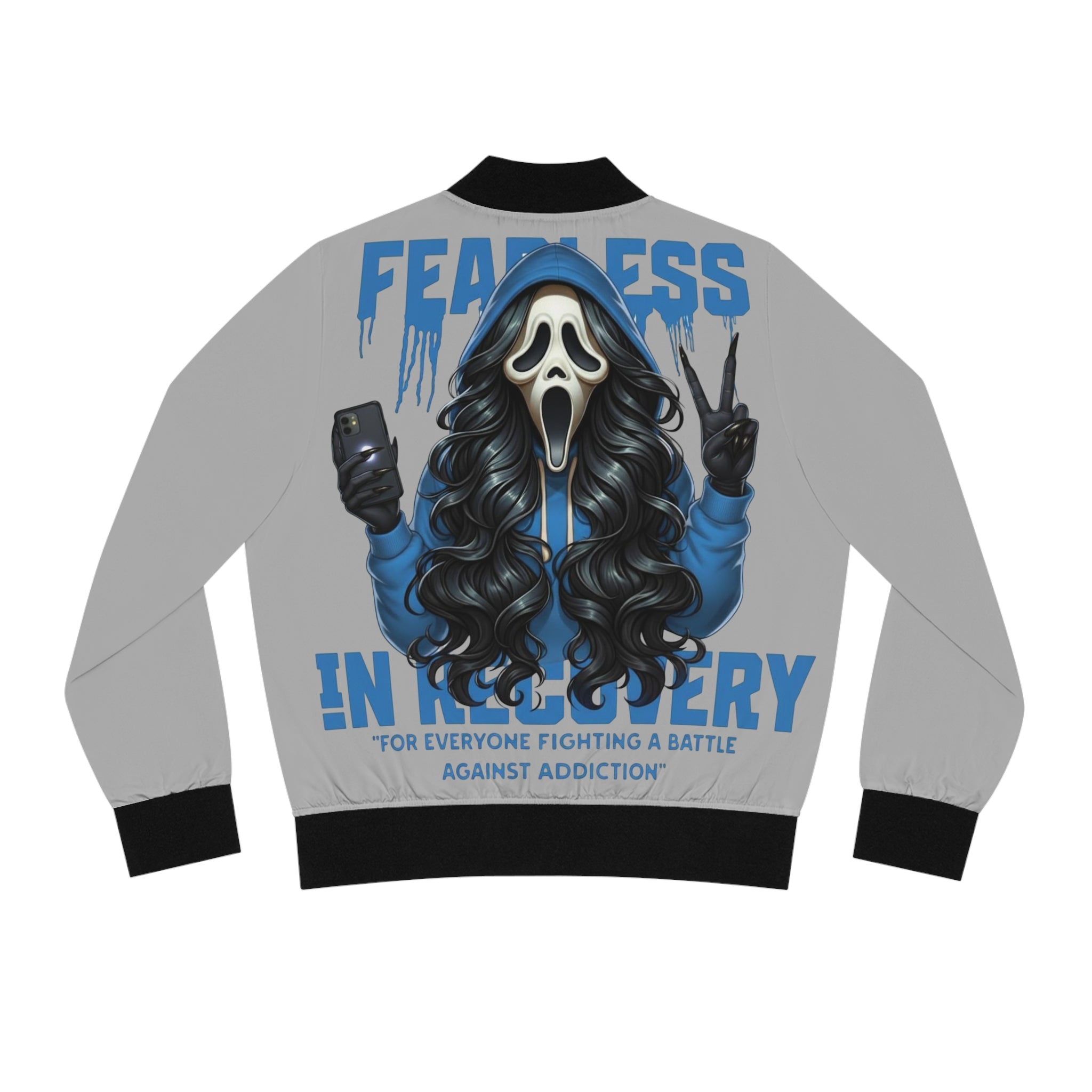 Fearless Women's Bomber Jacket (AOP) - Stylish Recovery Wear, Statement Jacket, Gift for Recovery Support, Trendy Streetwear, Unique Fashion