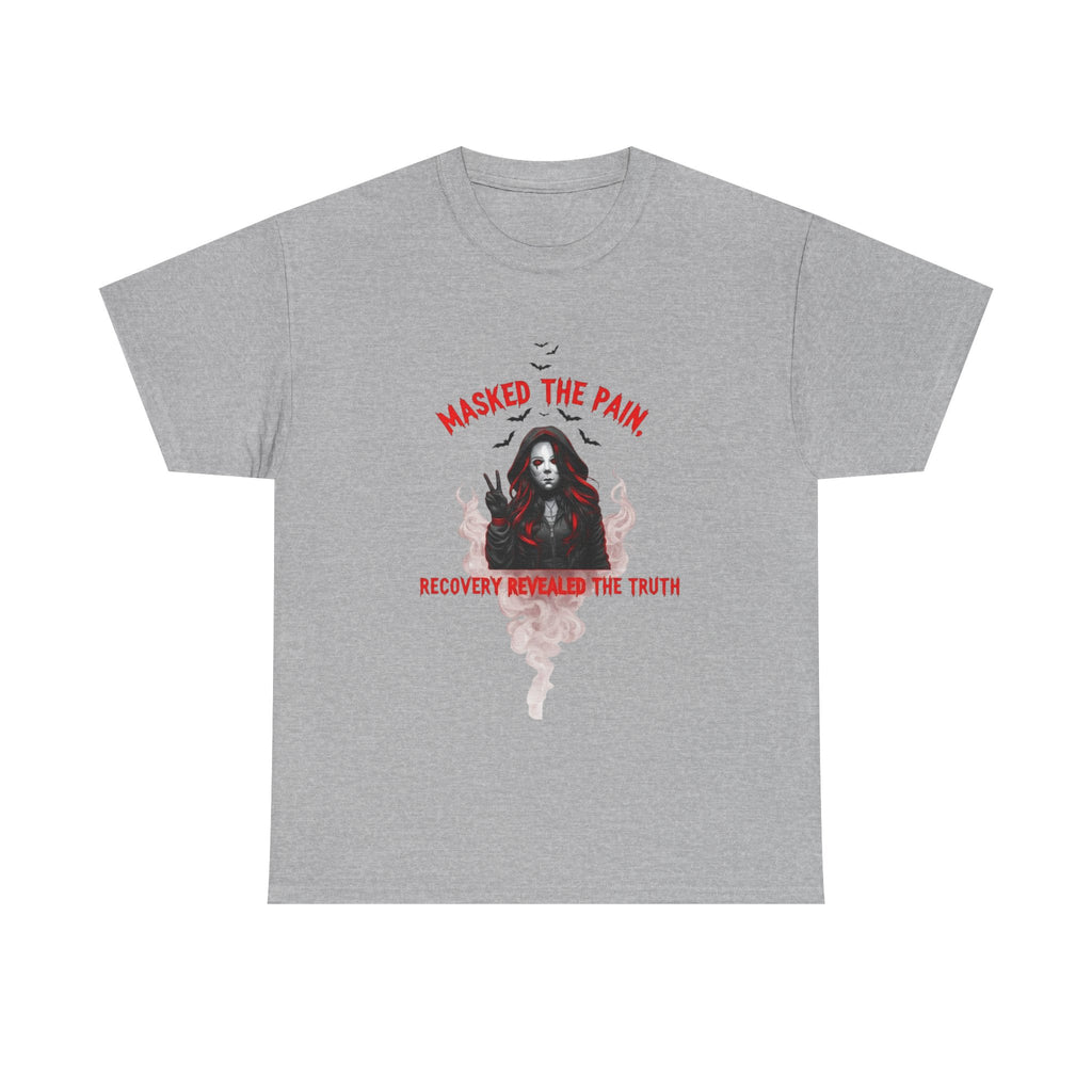 Gothic Graphic Tee - Masked The Pain, Recovery, Truth, Unisex Heavy Cotton Shirt, Alternative Fashion, Self-Care Apparel, Edgy Gift