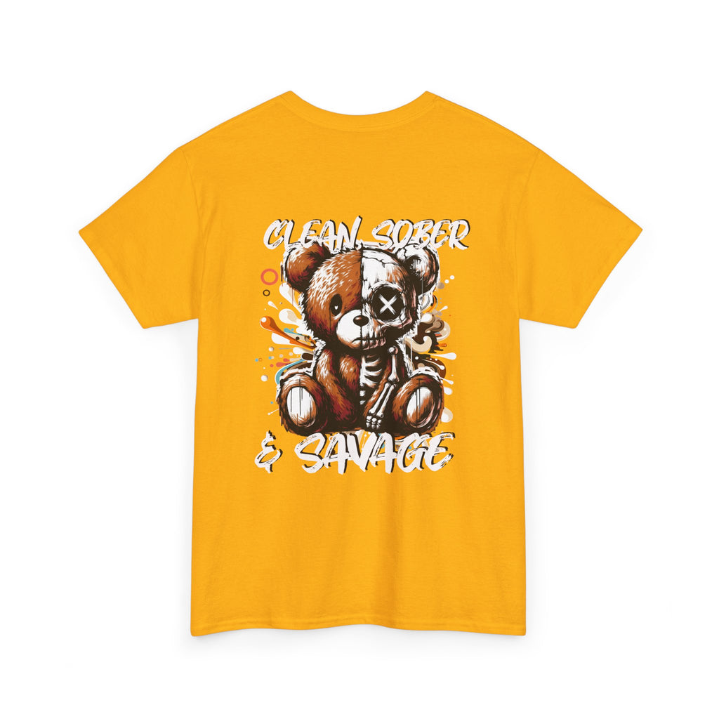 (DESIGN PRINT ON BACK)  Unisex Heavy Cotton Tee with Clean, Sober & Savage Graphic, Retro Bear Design Tee, Casual Streetwear Shirt, Gift for Him/Her, Summer Outfits