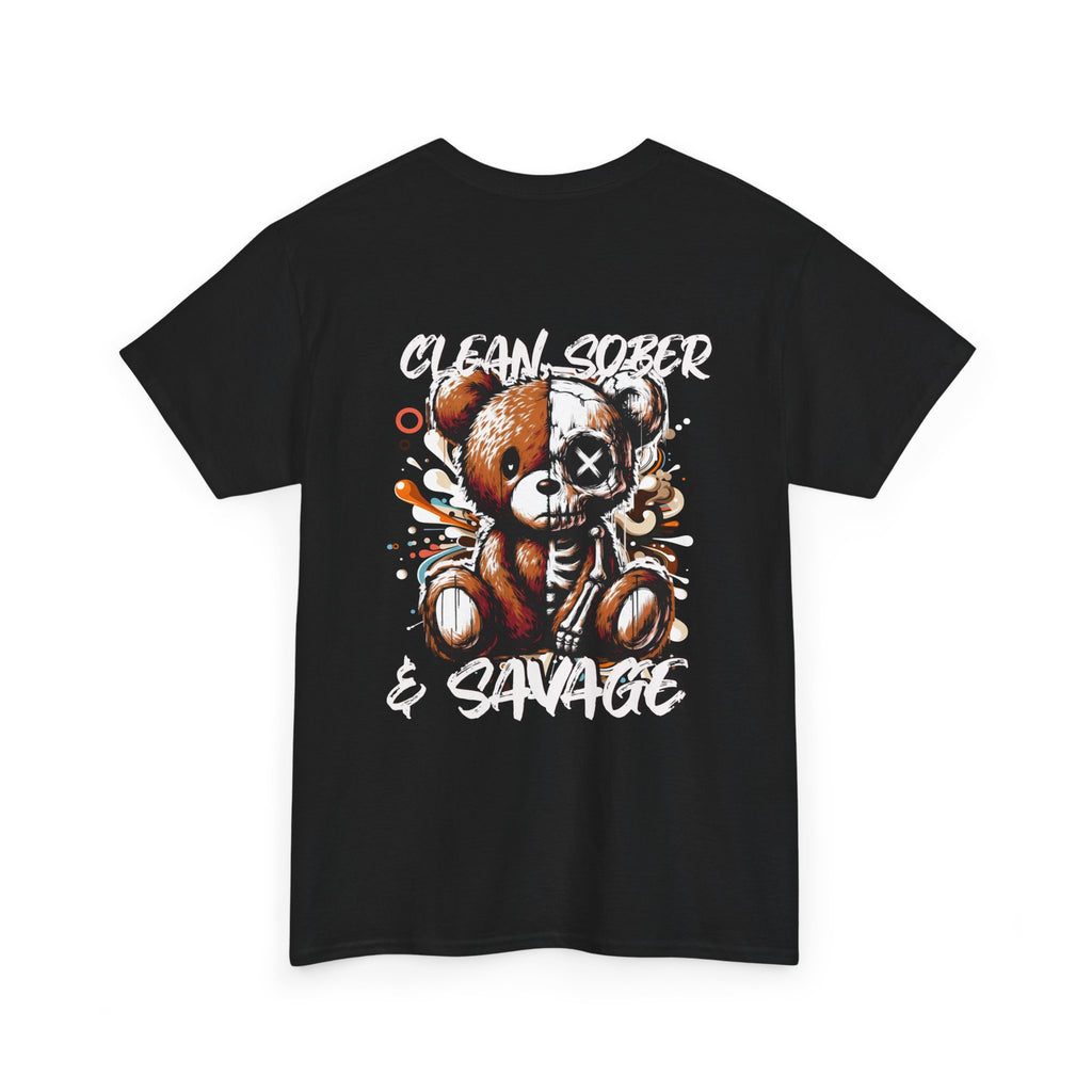 (DESIGN PRINT ON BACK)  Unisex Heavy Cotton Tee with Clean, Sober & Savage Graphic, Retro Bear Design Tee, Casual Streetwear Shirt, Gift for Him/Her, Summer Outfits