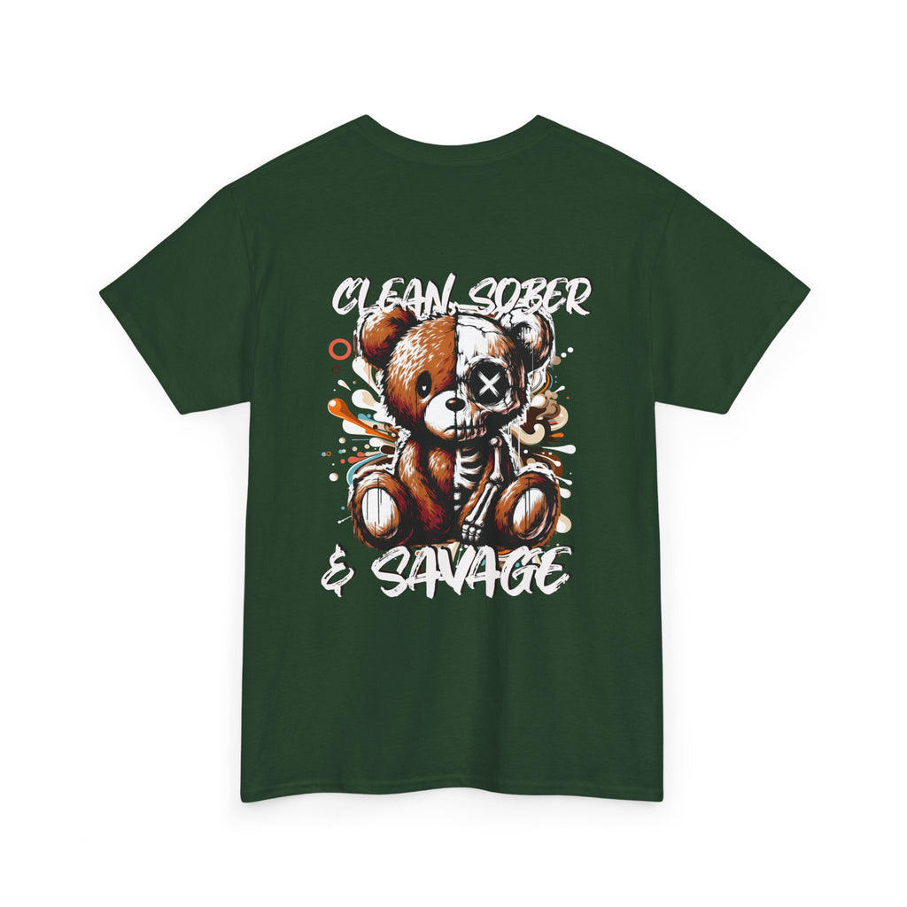 (DESIGN PRINT ON BACK)  Unisex Heavy Cotton Tee with Clean, Sober & Savage Graphic, Retro Bear Design Tee, Casual Streetwear Shirt, Gift for Him/Her, Summer Outfits