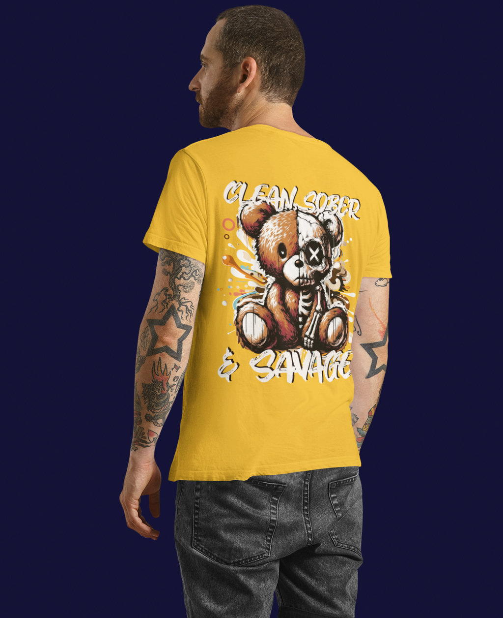(DESIGN PRINT ON BACK)  Unisex Heavy Cotton Tee with Clean, Sober & Savage Graphic, Retro Bear Design Tee, Casual Streetwear Shirt, Gift for Him/Her, Summer Outfits
