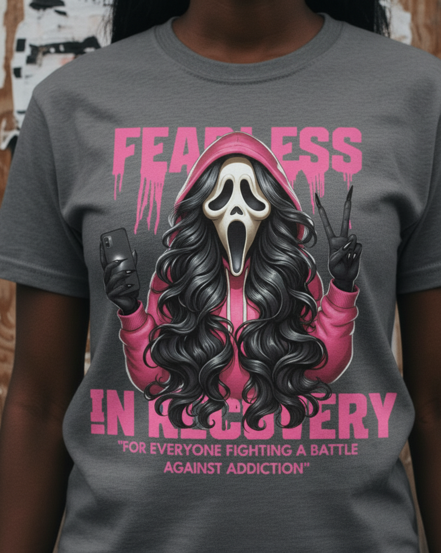 (DESIGN ON FRONT) Fearless in Recovery Tee, Support Shirt, Gift for Friends, Addiction Awareness, Motivational T-Shirt, Recovery Advocate Wear