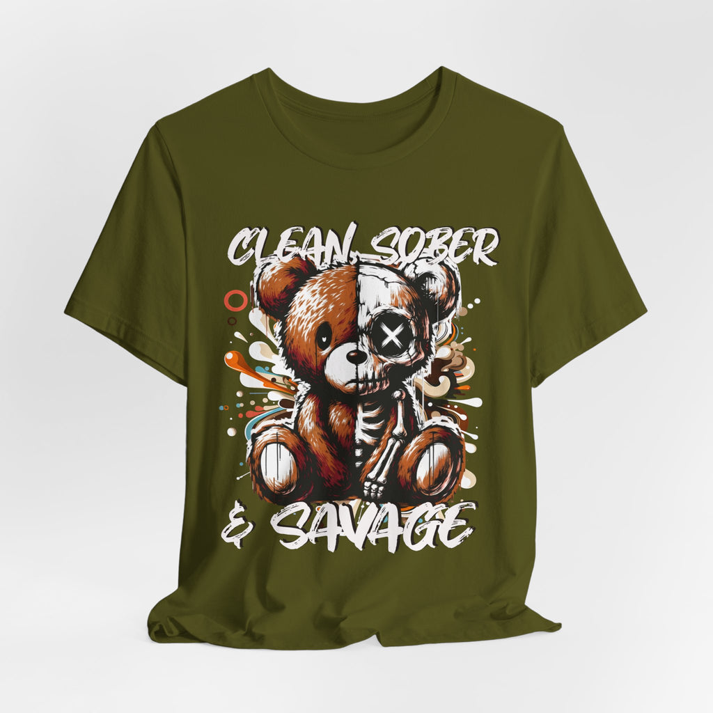 (DESIGN PRINT ON FRONT)  Clean Sober & Savage Tee | Unisex Short Sleeve T-Shirt, Recovery Apparel, Motivational Shirt, Casual Wear, Gift for Sobriety Celebrations