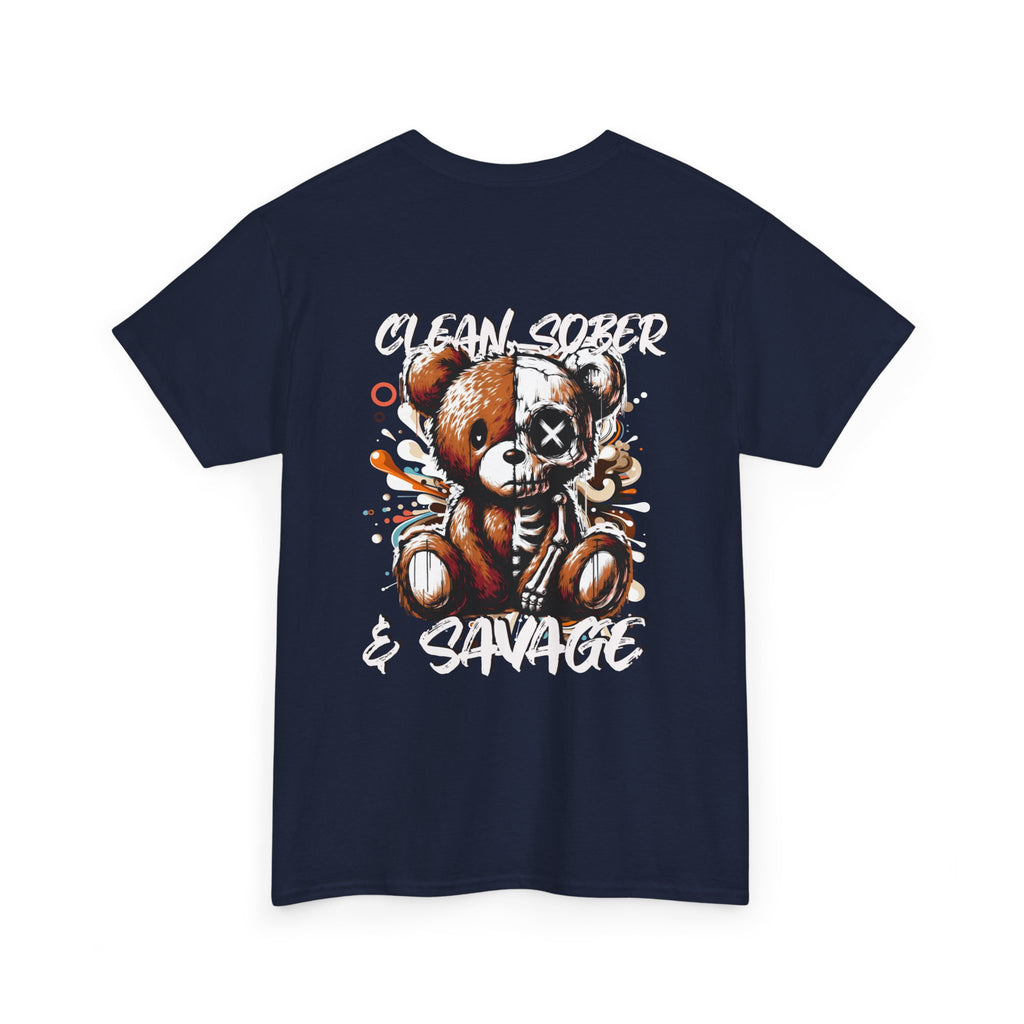 (DESIGN PRINT ON BACK)  Unisex Heavy Cotton Tee with Clean, Sober & Savage Graphic, Retro Bear Design Tee, Casual Streetwear Shirt, Gift for Him/Her, Summer Outfits