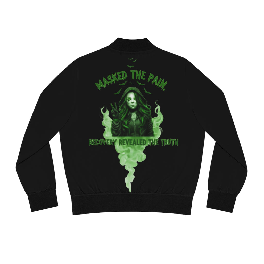 Women's Bomber Jacket - Masked the Pain, Recovery Revealed the Truth, Vintage Streetwear, Gift for Her, Boho Outfit, Halloween Style