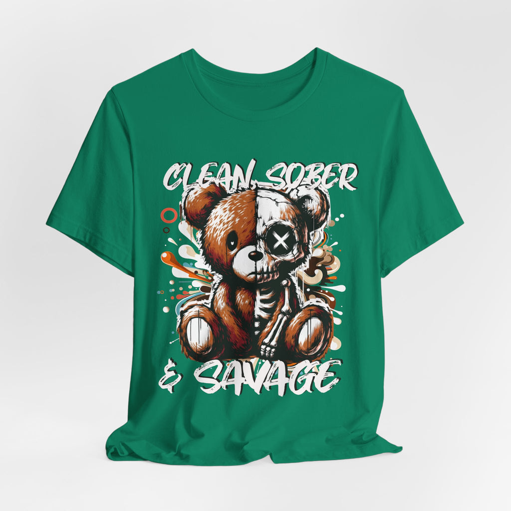 (DESIGN PRINT ON FRONT)  Clean Sober & Savage Tee | Unisex Short Sleeve T-Shirt, Recovery Apparel, Motivational Shirt, Casual Wear, Gift for Sobriety Celebrations