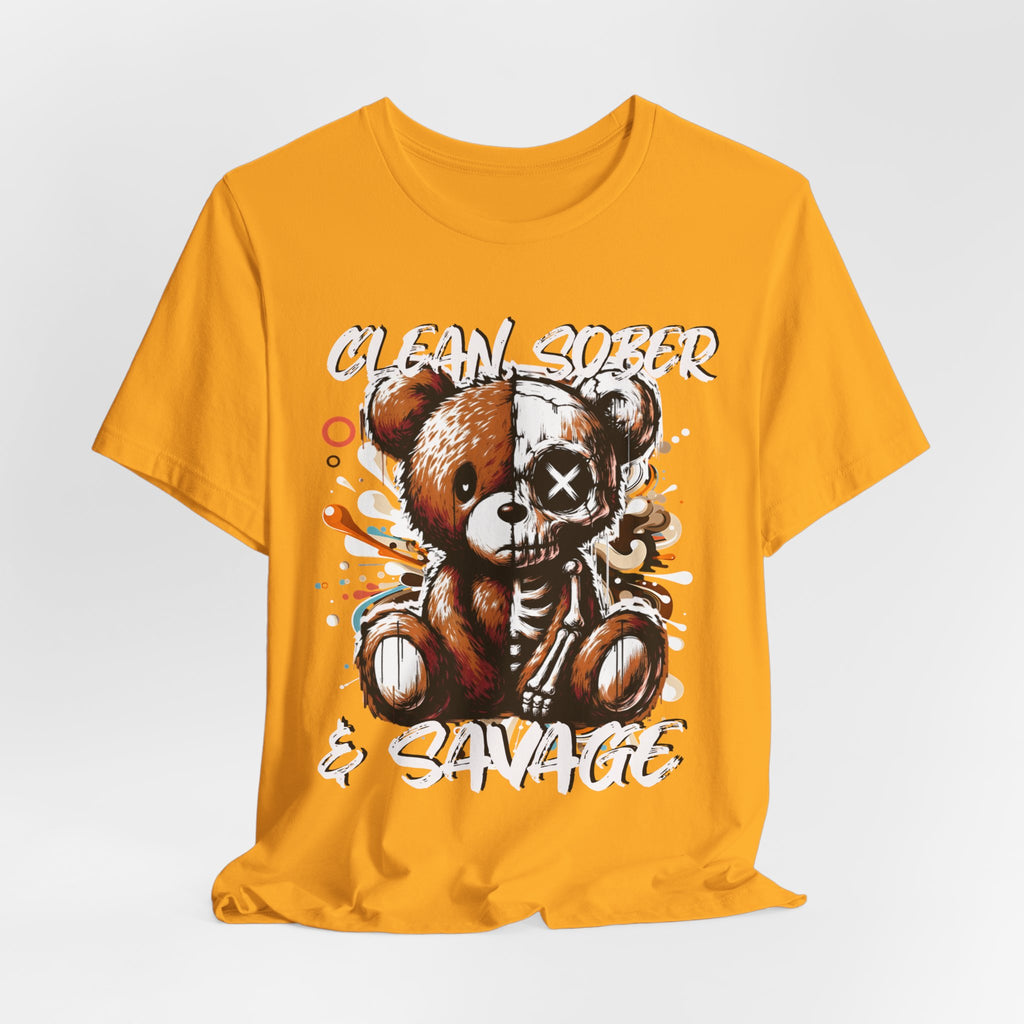 (DESIGN PRINT ON FRONT)  Clean Sober & Savage Tee | Unisex Short Sleeve T-Shirt, Recovery Apparel, Motivational Shirt, Casual Wear, Gift for Sobriety Celebrations
