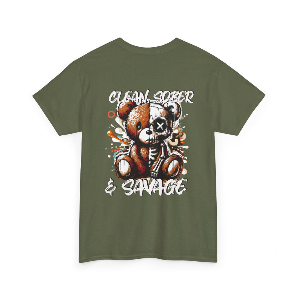 (DESIGN PRINT ON BACK)  Unisex Heavy Cotton Tee with Clean, Sober & Savage Graphic, Retro Bear Design Tee, Casual Streetwear Shirt, Gift for Him/Her, Summer Outfits