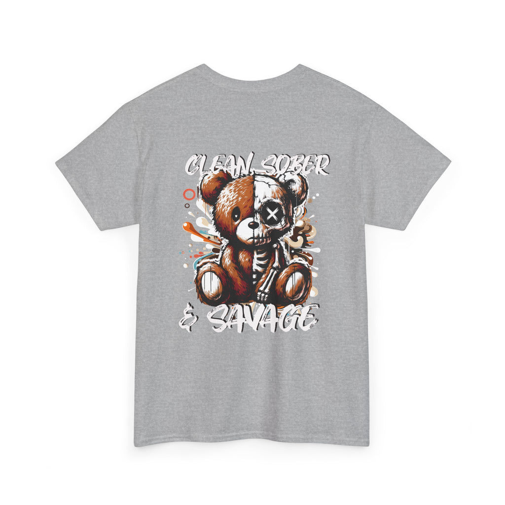 (DESIGN PRINT ON BACK)  Unisex Heavy Cotton Tee with Clean, Sober & Savage Graphic, Retro Bear Design Tee, Casual Streetwear Shirt, Gift for Him/Her, Summer Outfits